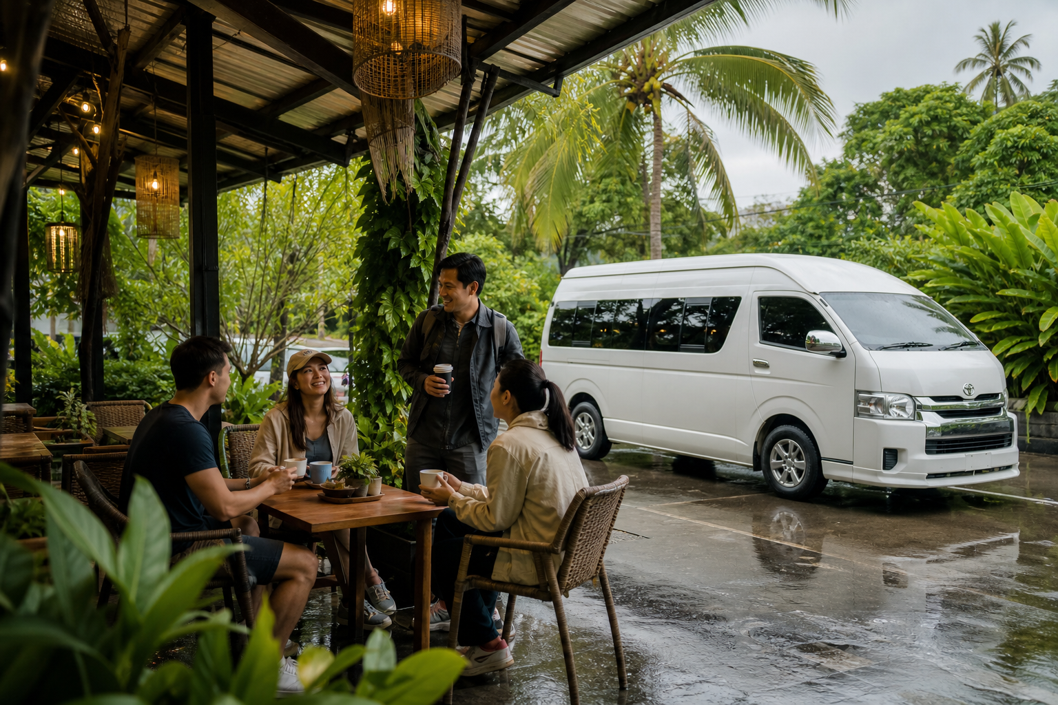 Covered cafe stop during a private van route from Bangkok to Hua Hin