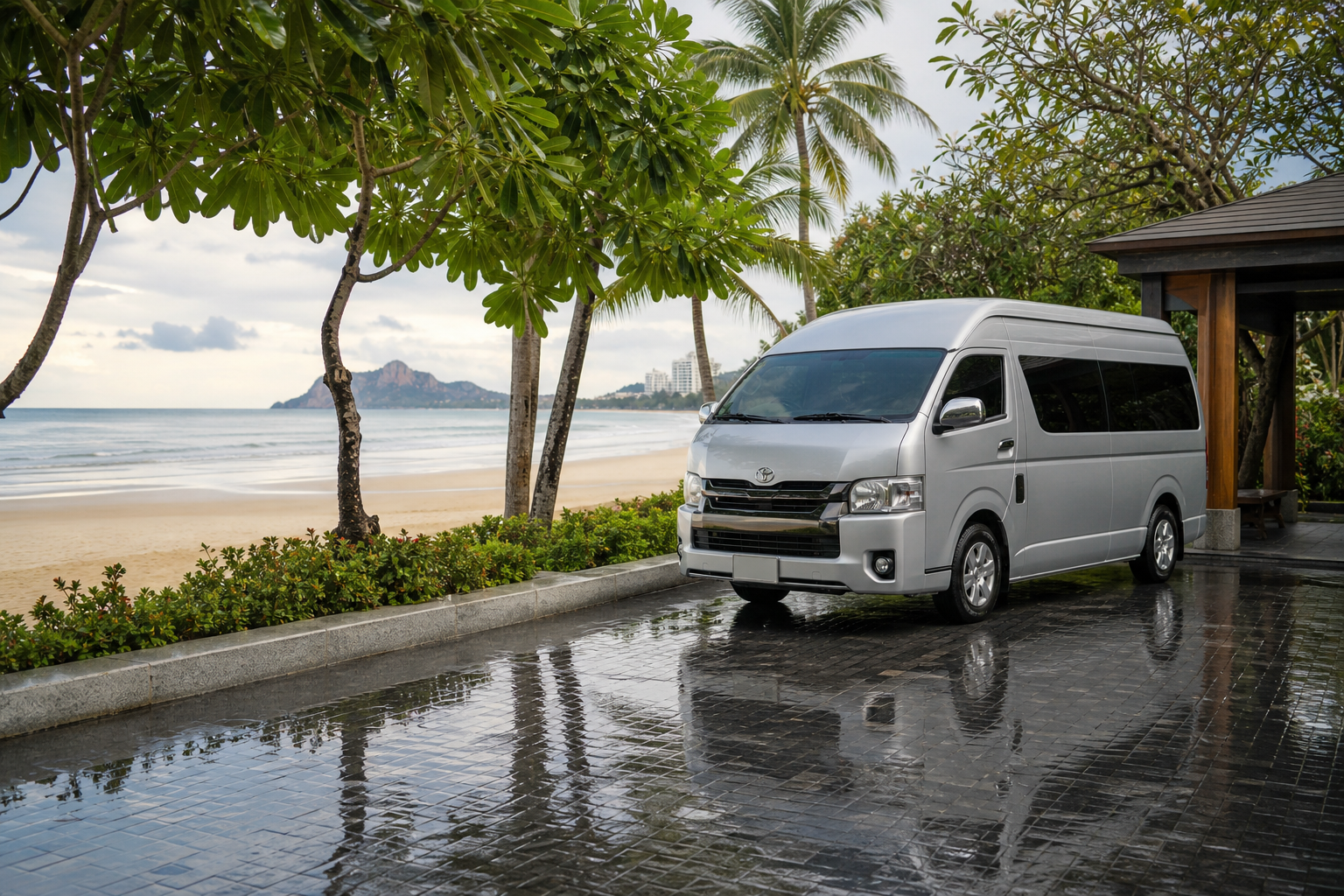 Hua Hin beach arrival by private van after light rain