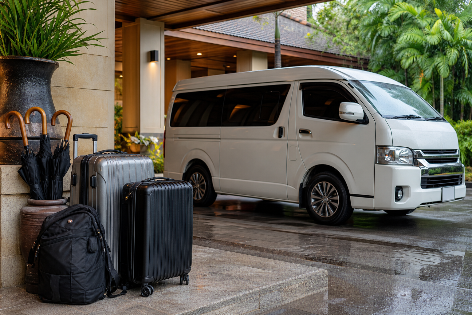 Luggage and umbrellas beside a private van for a Hua Hin transfer