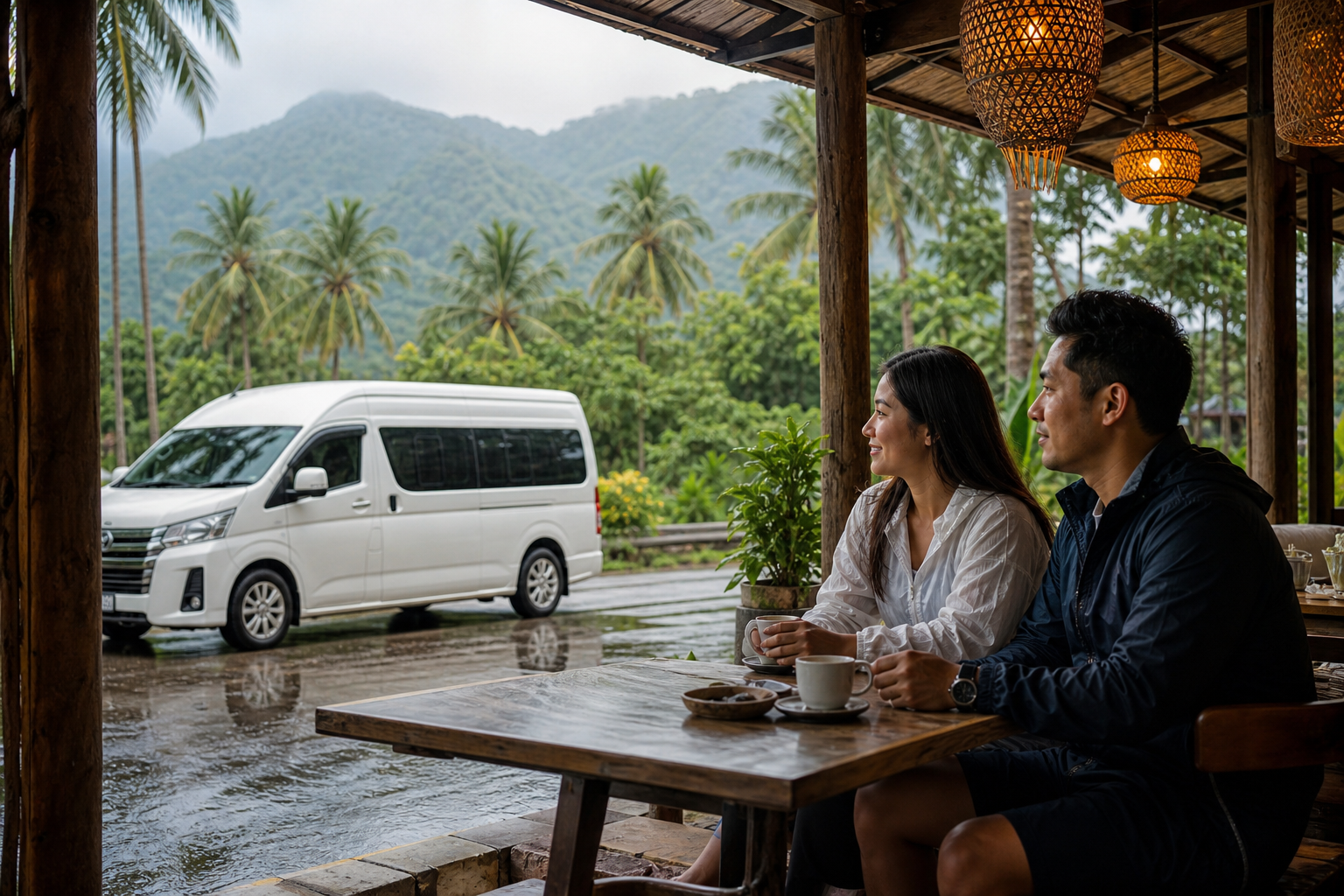 Covered cafe stop during a private van route from Bangkok to Hua Hin