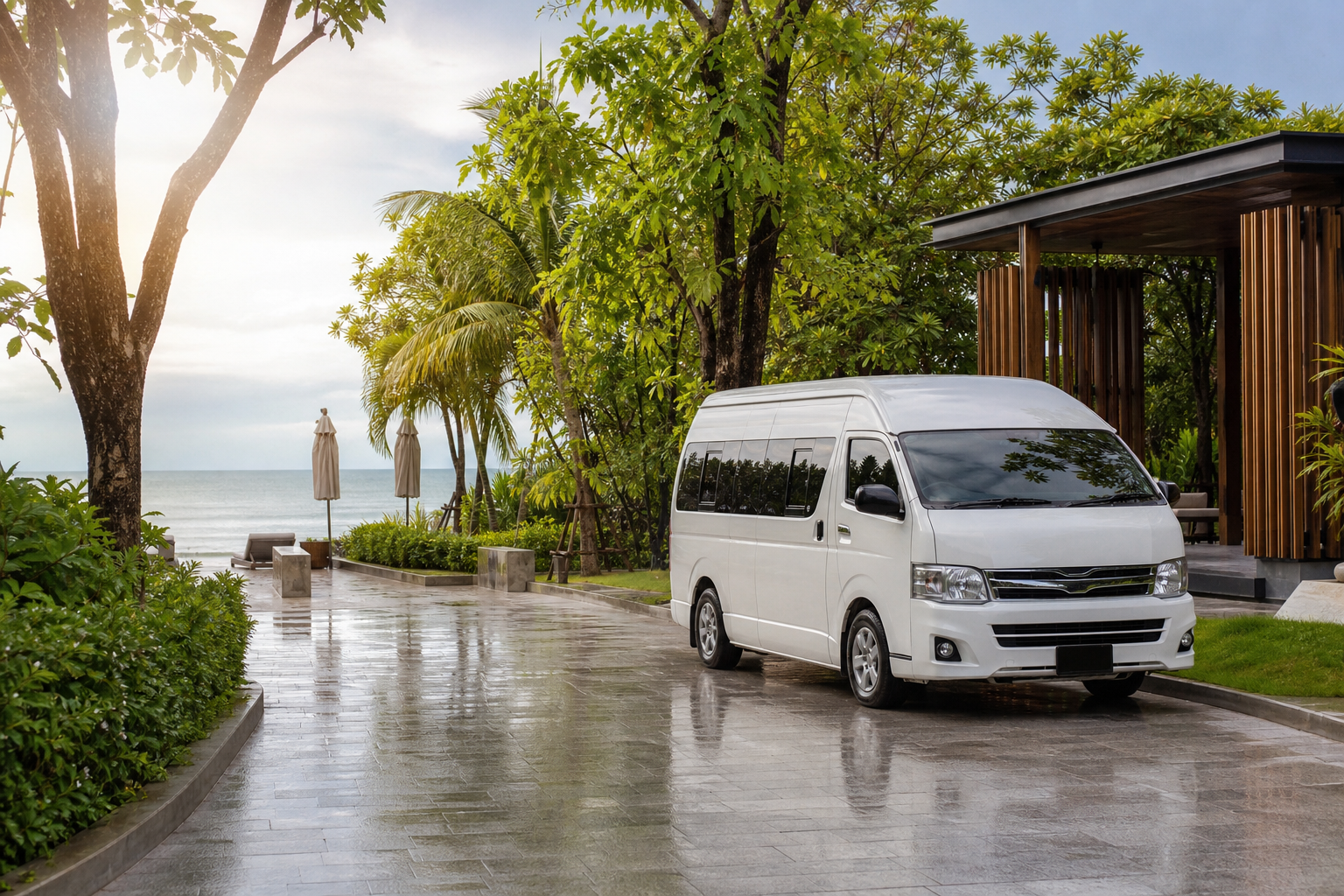 Hua Hin beach arrival by private van after light rain