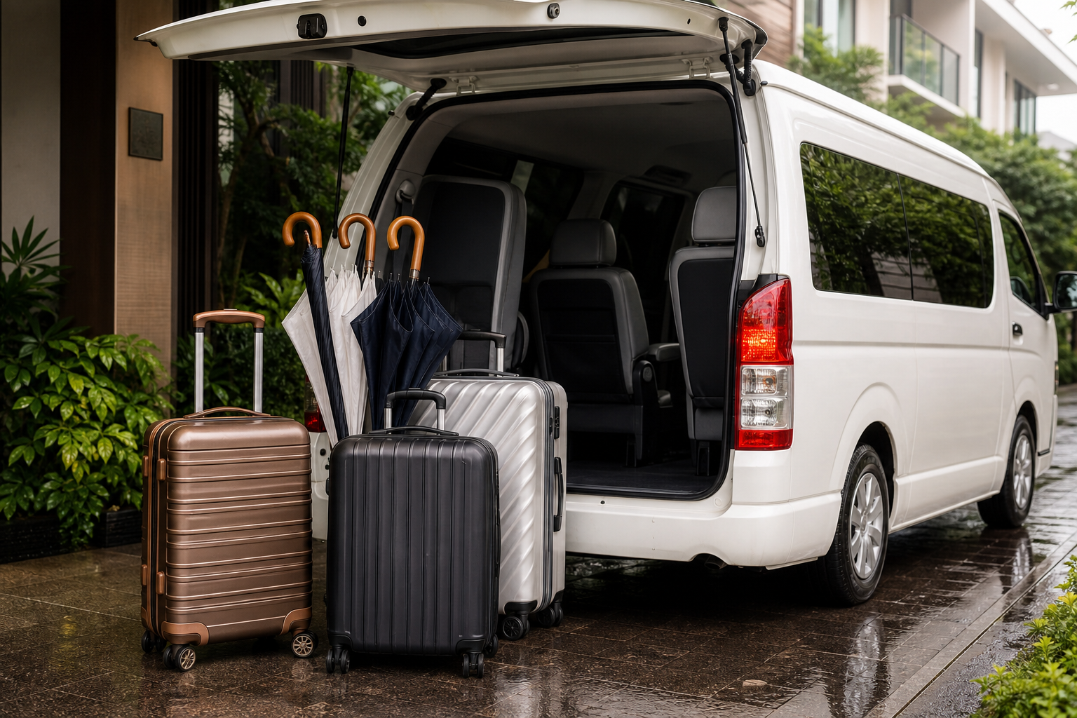 Luggage and umbrellas beside a private van for a Hua Hin transfer