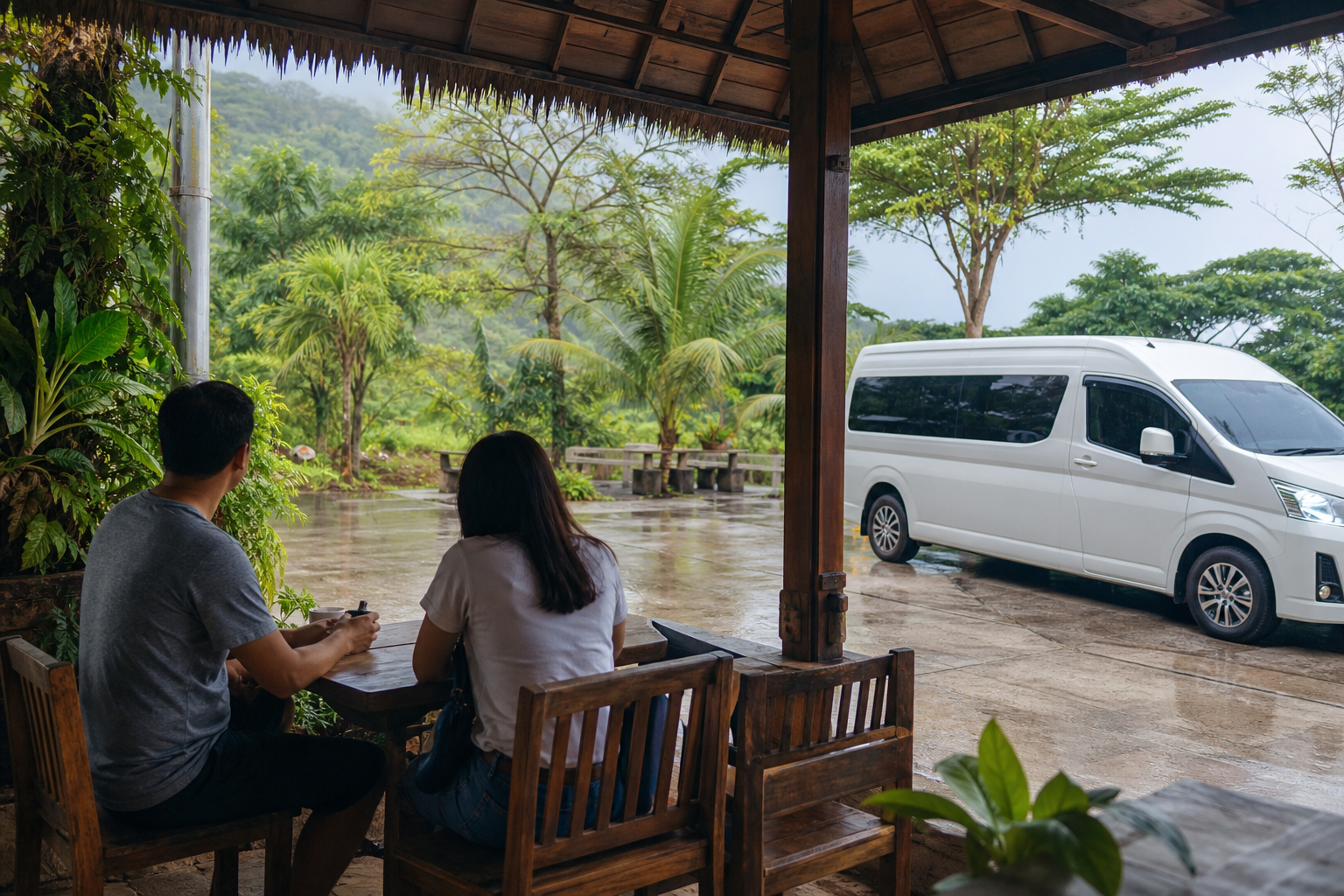 Covered cafe stop during a private van route from Bangkok to Hua Hin