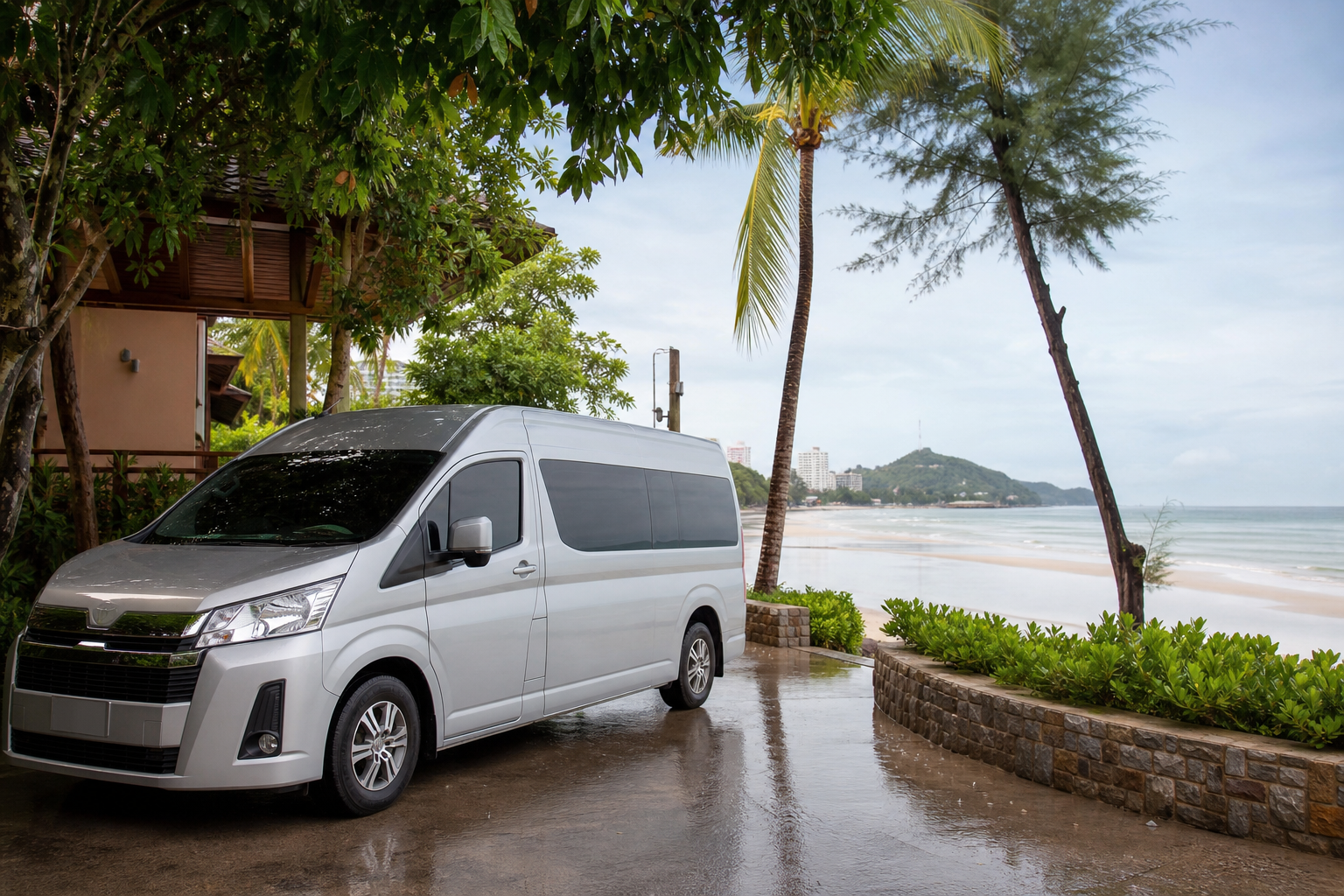 Hua Hin beach arrival by private van after light rain