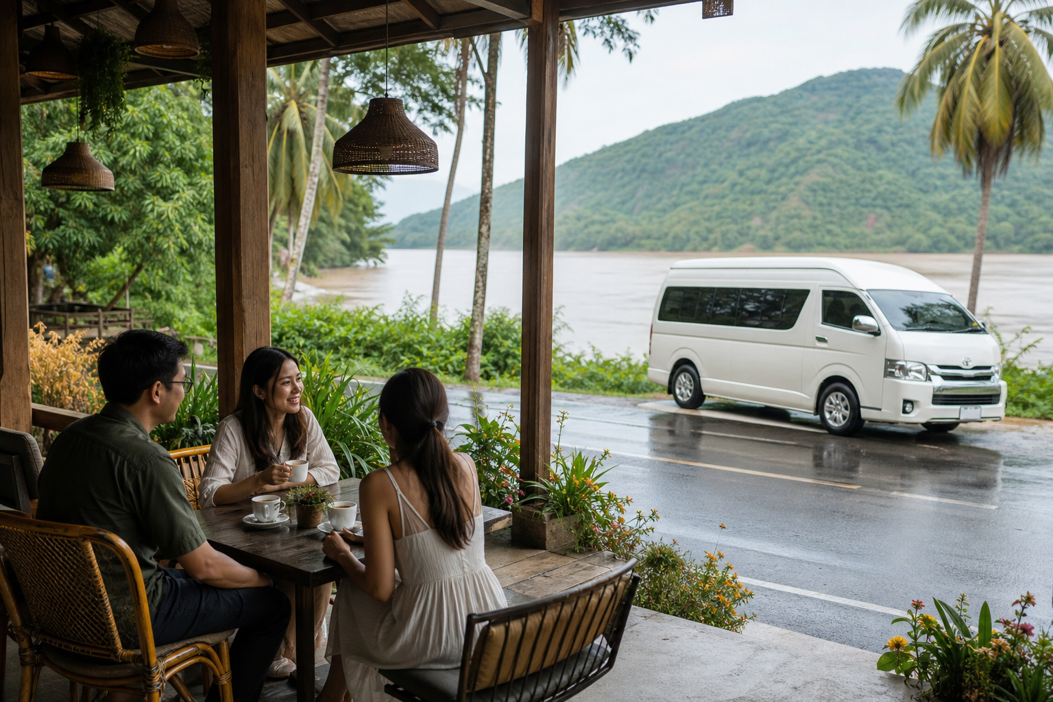 Covered cafe stop during a private van route from Bangkok to Hua Hin