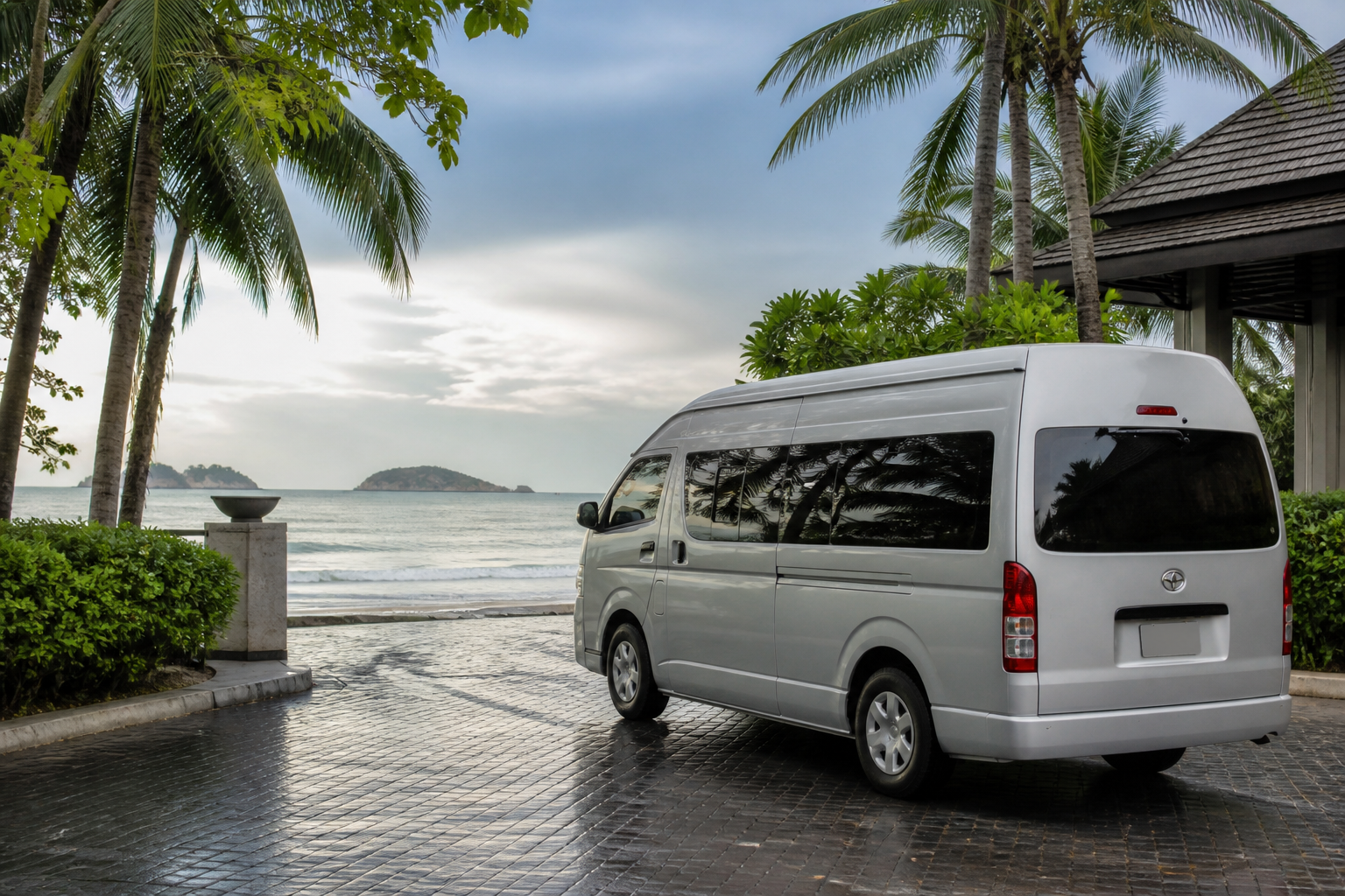 Hua Hin beach arrival by private van after light rain