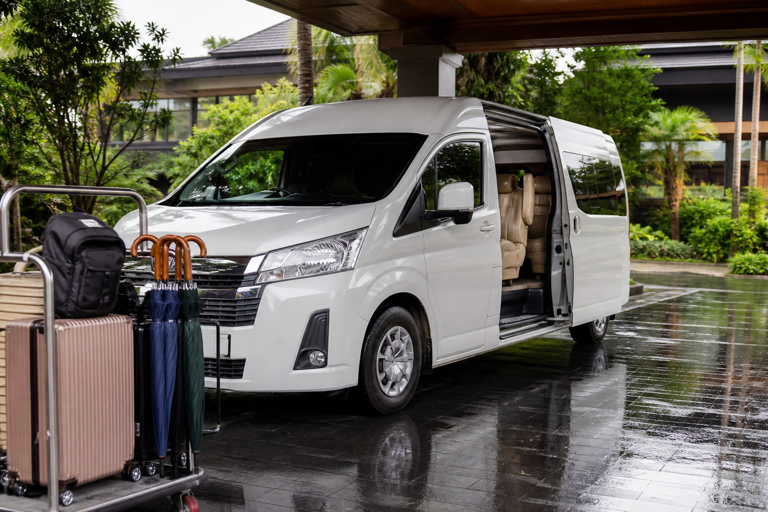 Luggage and umbrellas beside a private van for a Hua Hin transfer