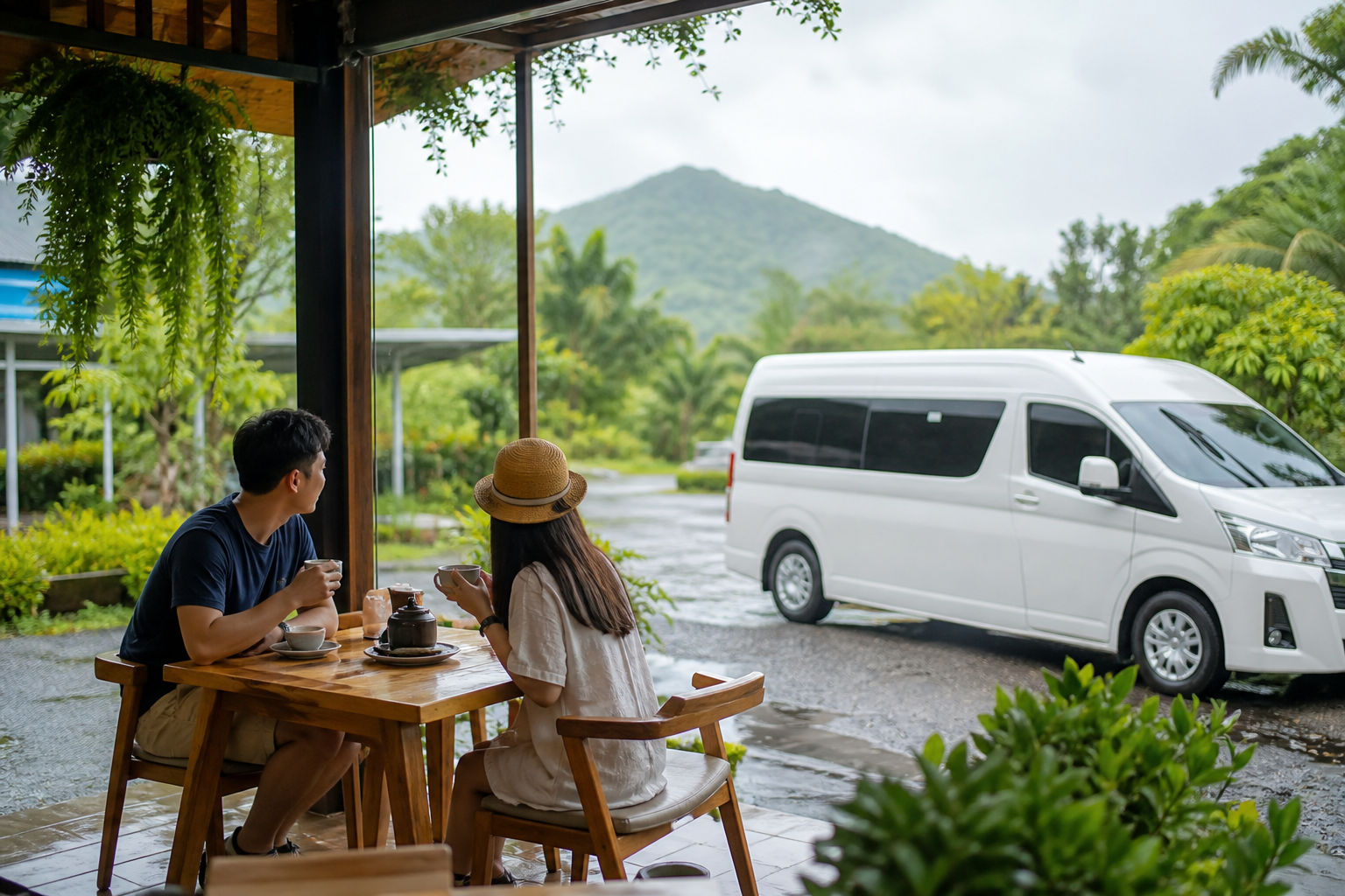 Covered cafe stop during a private van route from Bangkok to Hua Hin