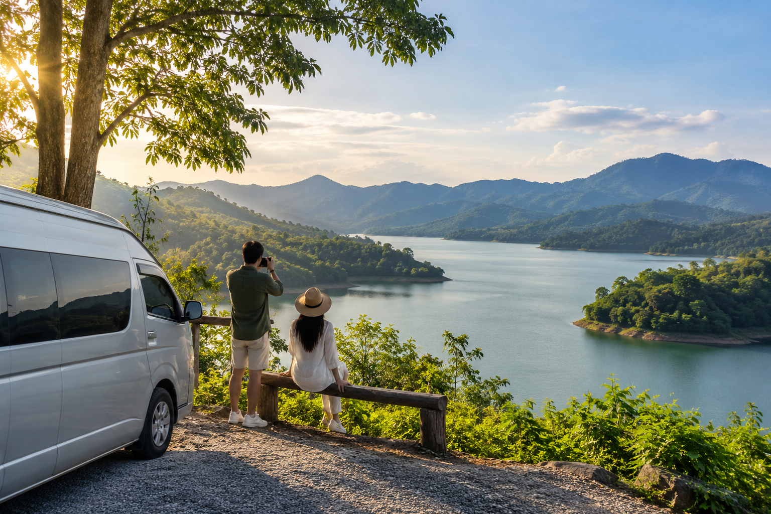 Kaeng Krachan reservoir and forested hills during a private van nature route