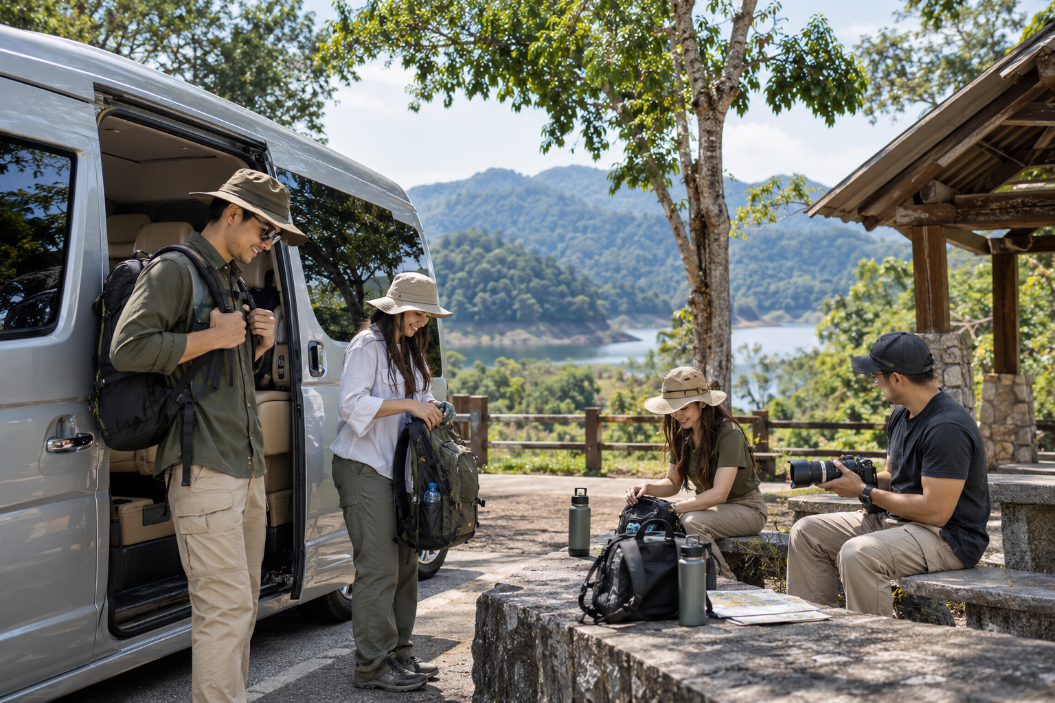 Travelers preparing day bags beside a private van near a forest rest stop