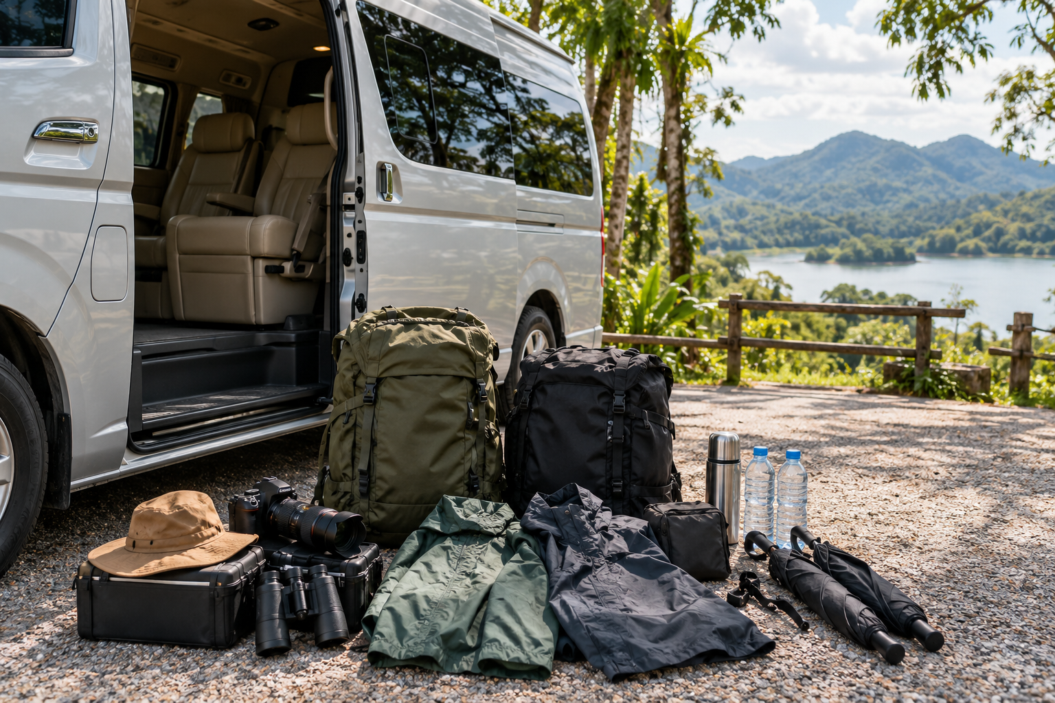 Luggage and rain gear beside a private van for a Kaeng Krachan route