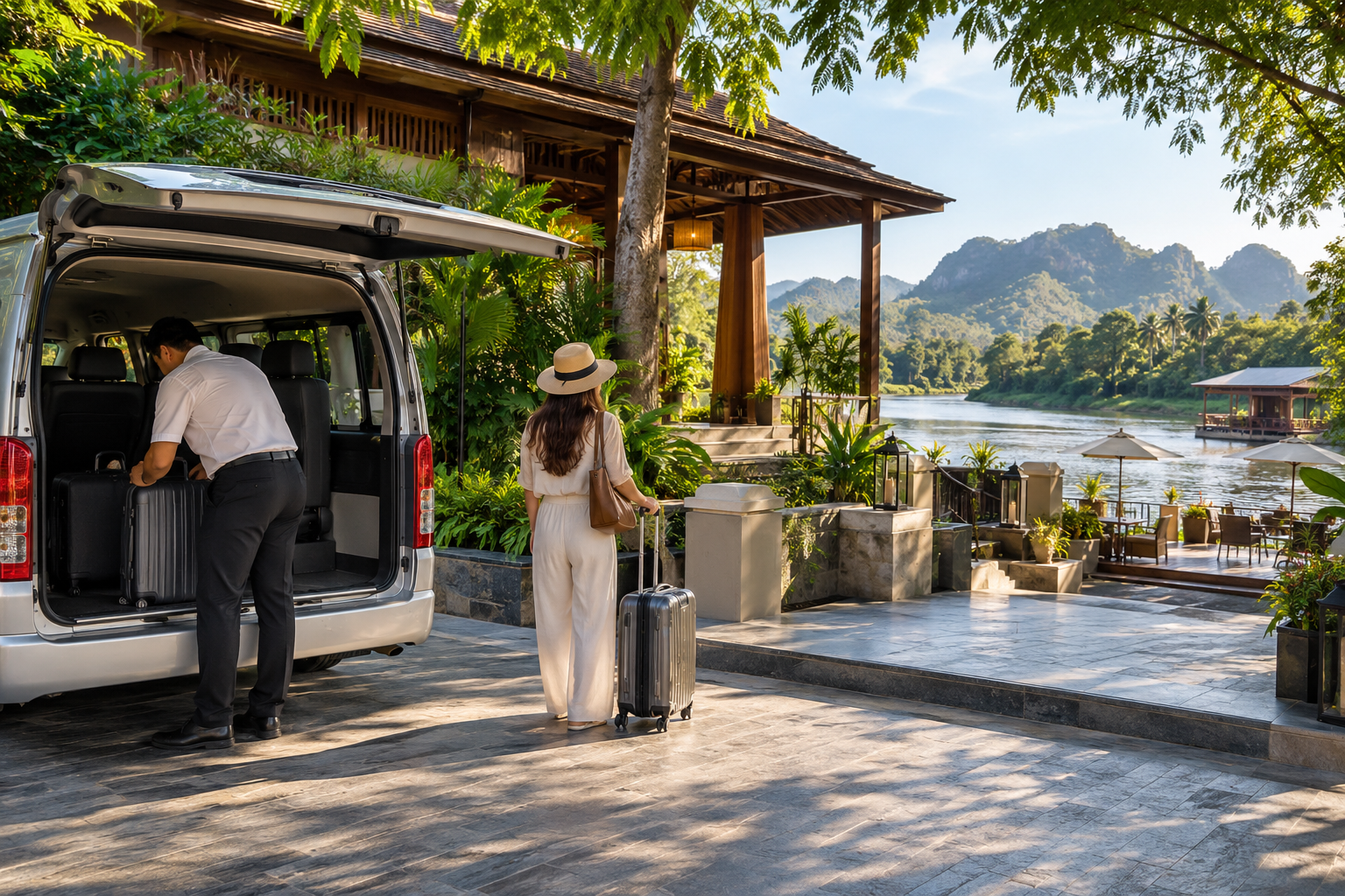 Kanchanaburi riverside hotel arrival with luggage beside a private van