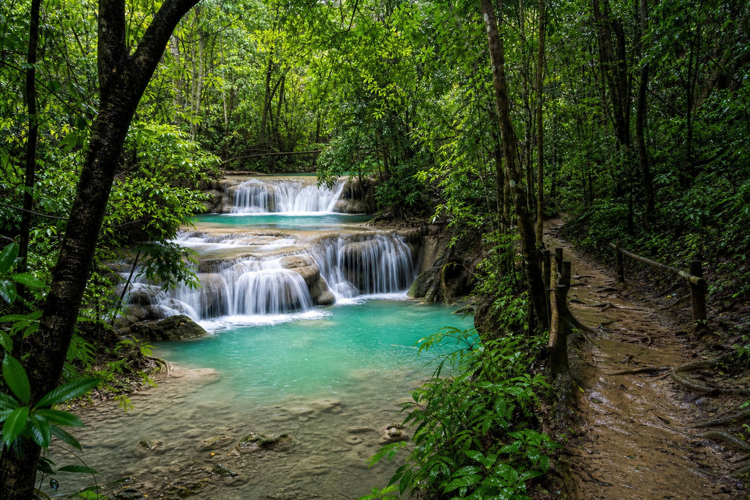 Rainy-season waterfall pools and forest path in Kanchanaburi