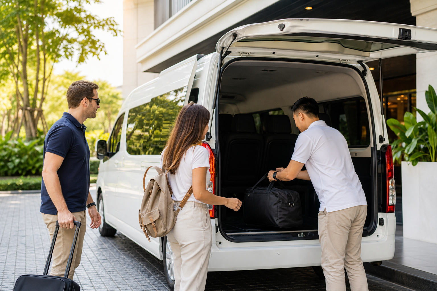 Travelers preparing day bags for a Bangkok hotel pickup to Kanchanaburi