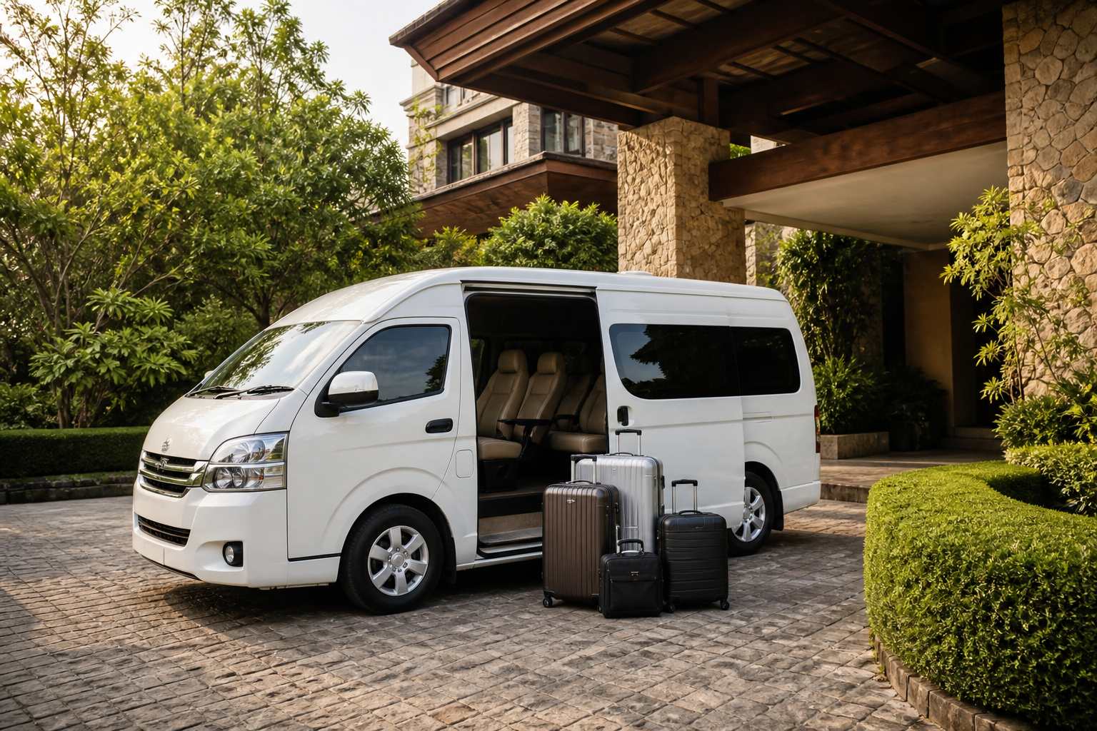 Luggage beside a private van at a Khao Yai countryside hotel entrance