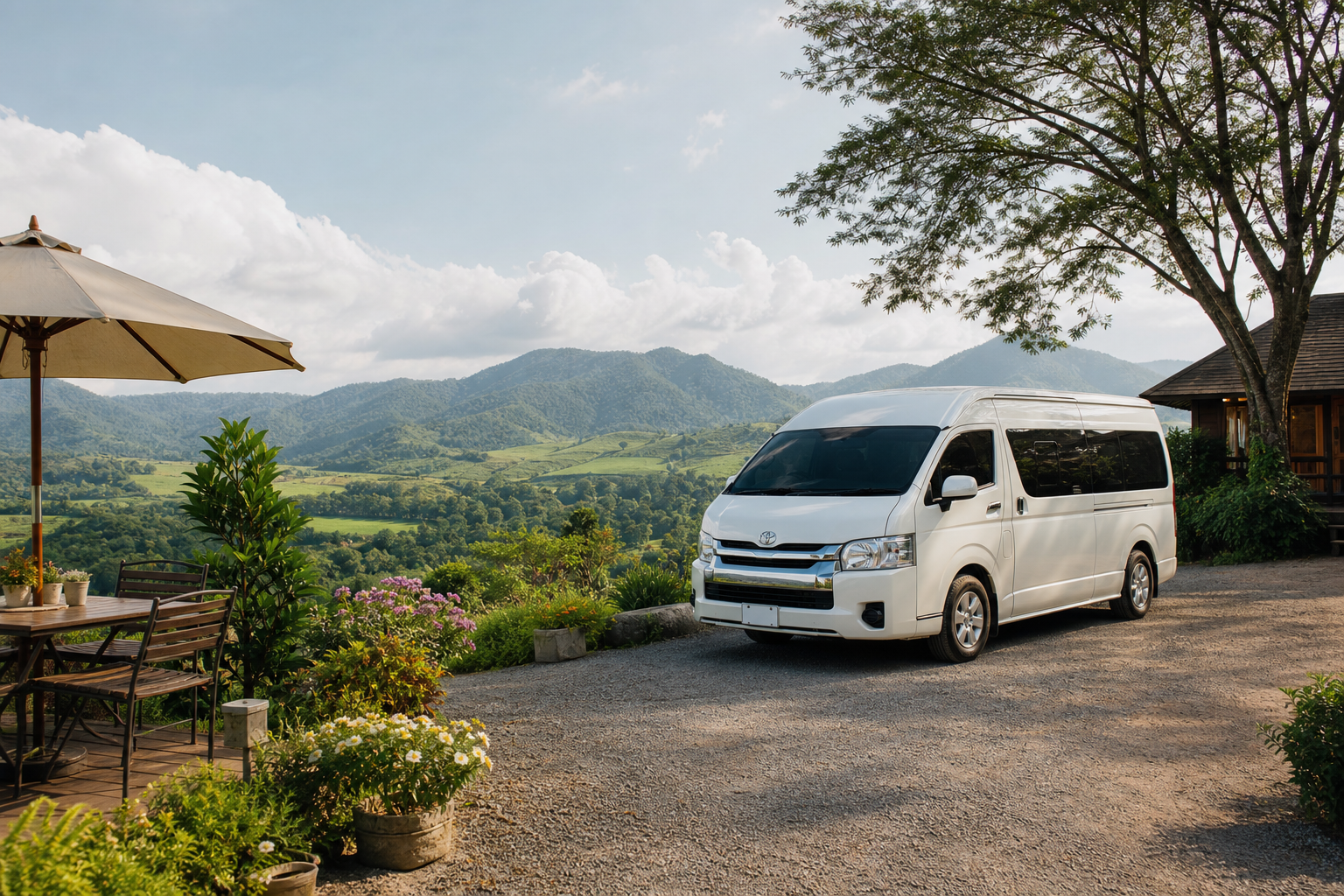 Khao Yai countryside stop with green hills and a private van route mood