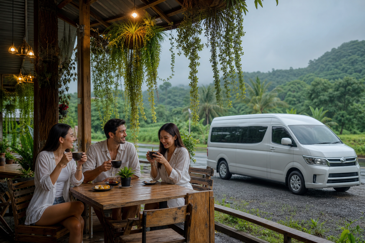 Covered cafe stop near Khao Yai during a private van route