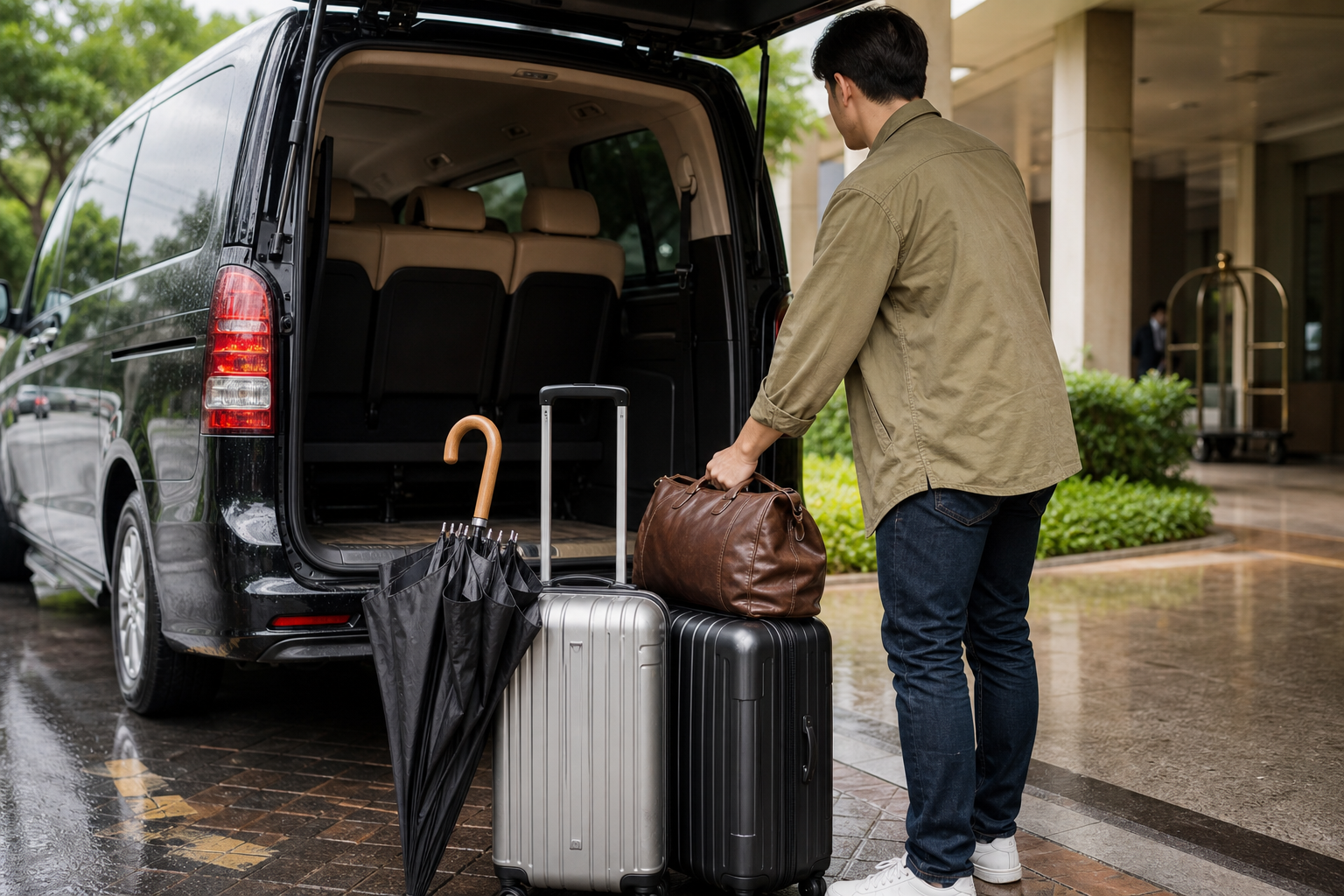 Luggage and umbrellas beside a private van at a Khao Yai resort