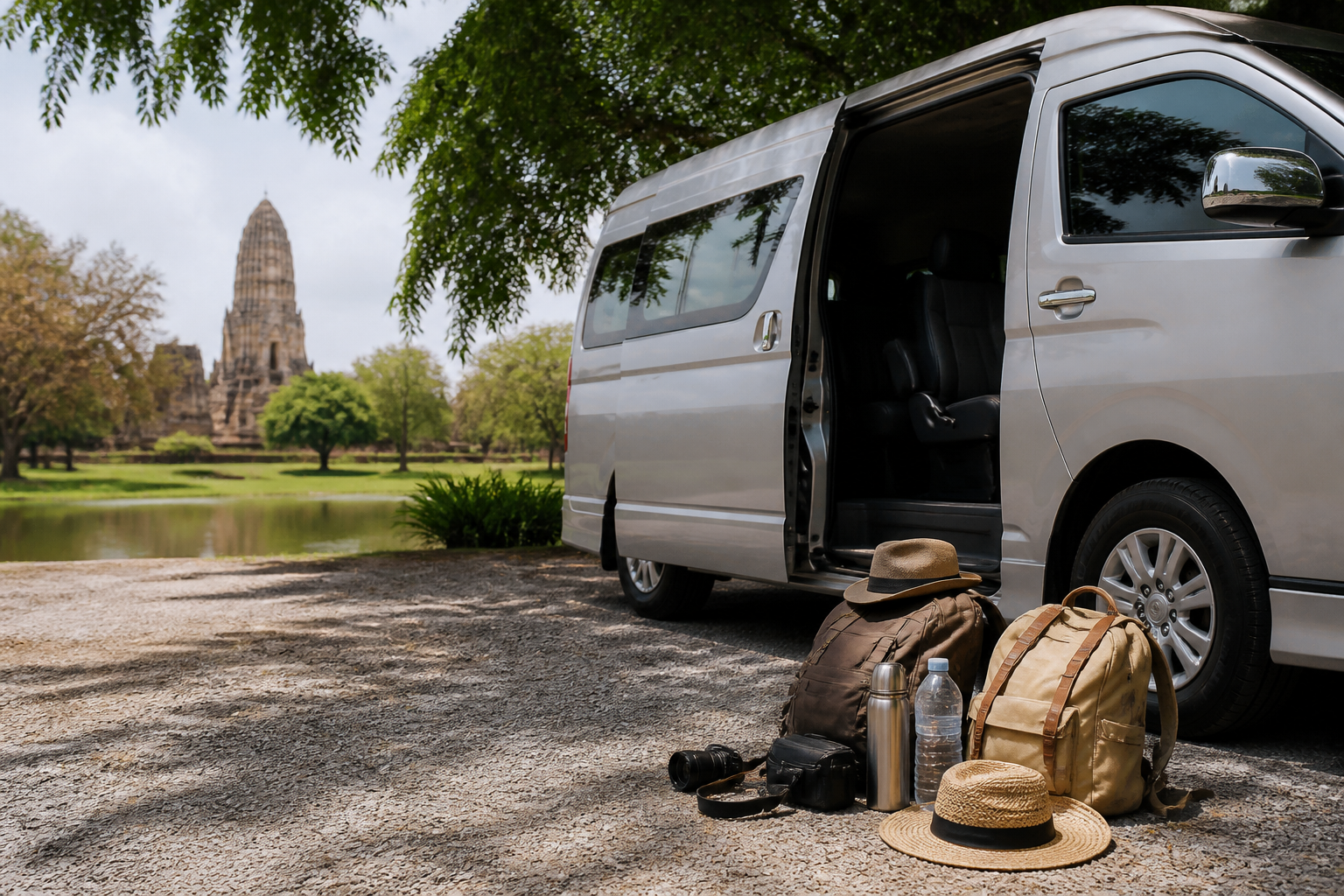 Day bags and camera gear beside a private van after a Lopburi route