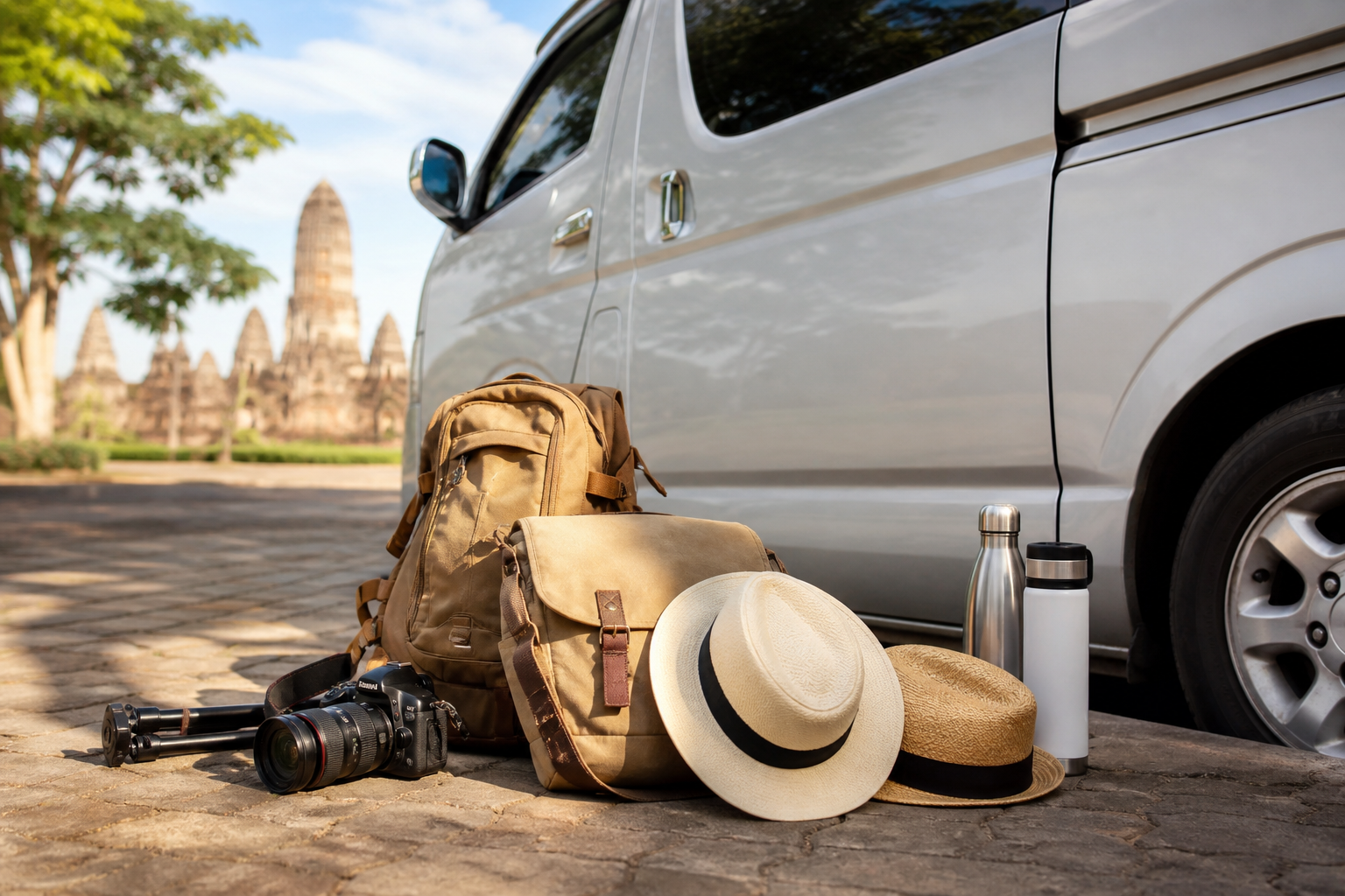 Day bags and camera gear beside a private van after a Lopburi route