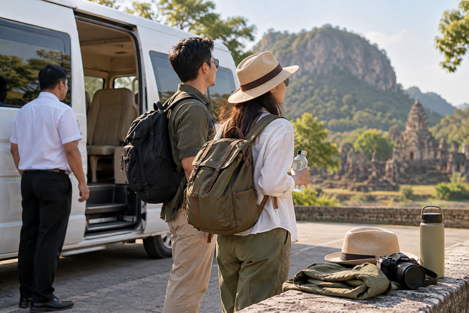 Day bags and camera gear beside a private van after a Lopburi route