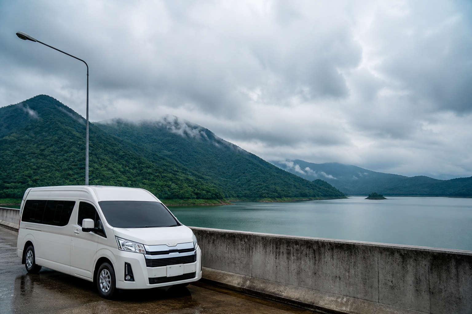 Khun Dan Prakan Chon Dam scenery during a private van route from Bangkok