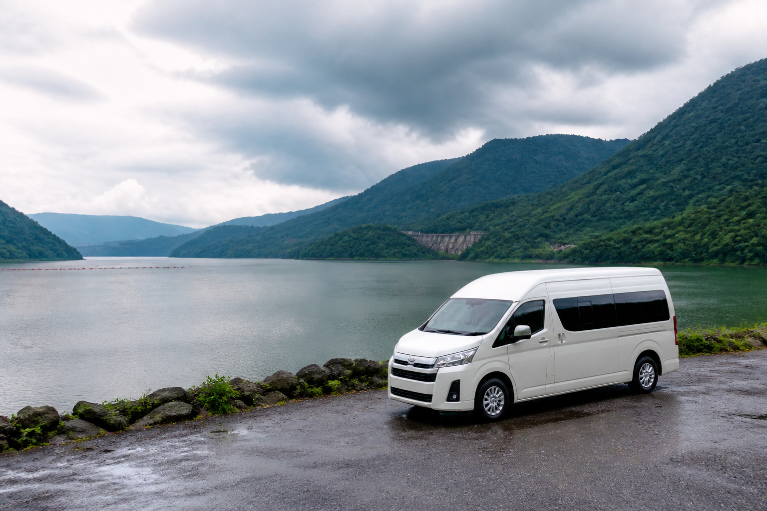 Khun Dan Prakan Chon Dam scenery during a private van route from Bangkok