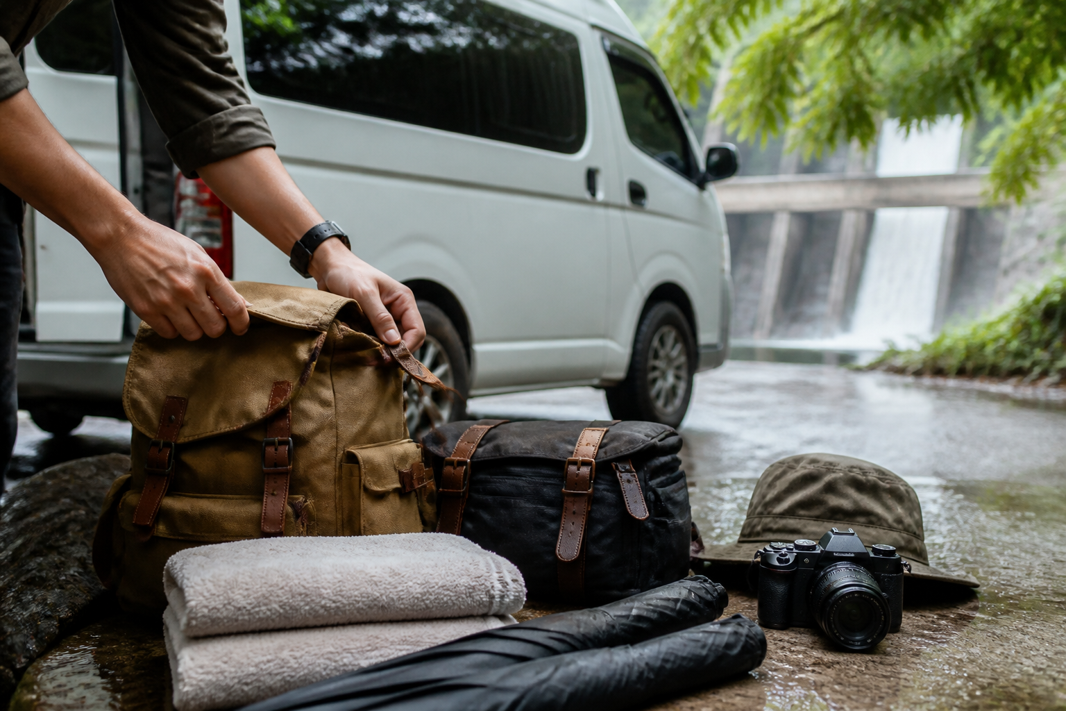 Rain gear and day bags beside a private van during a Nakhon Nayok nature day
