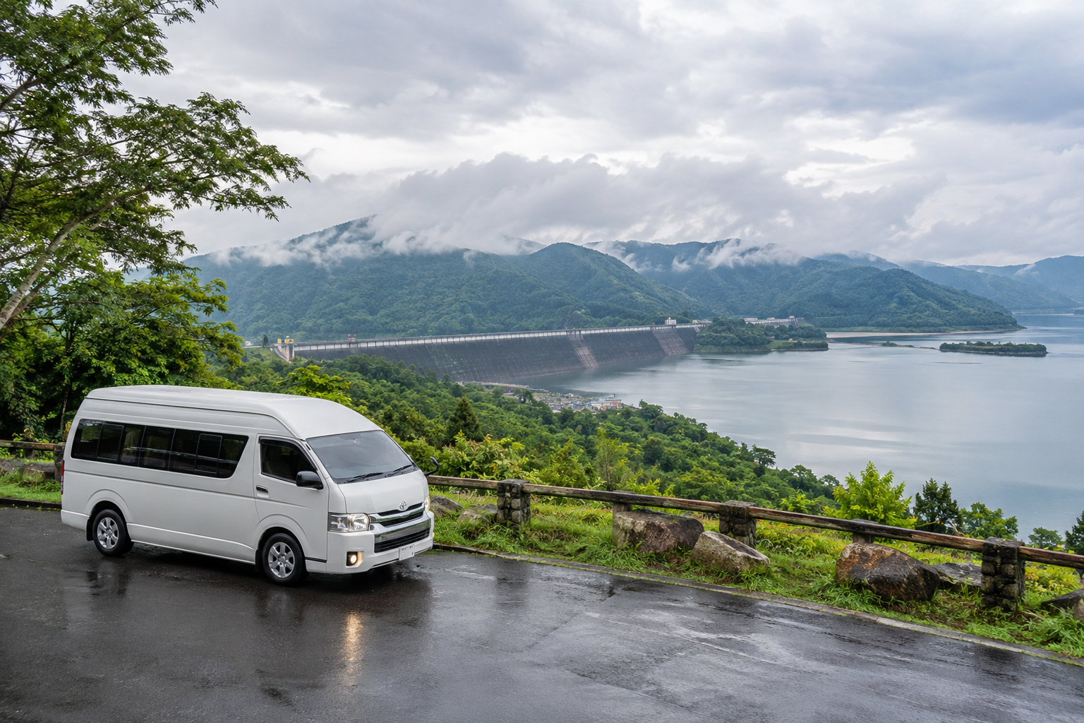 Khun Dan Prakan Chon Dam scenery during a private van route from Bangkok
