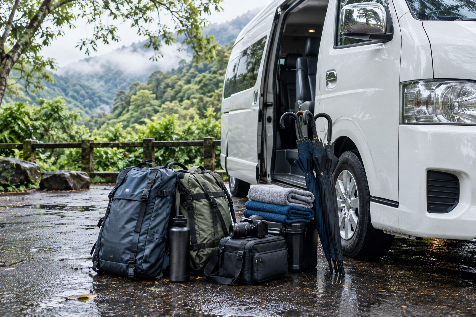 Rain gear and day bags beside a private van during a Nakhon Nayok nature day