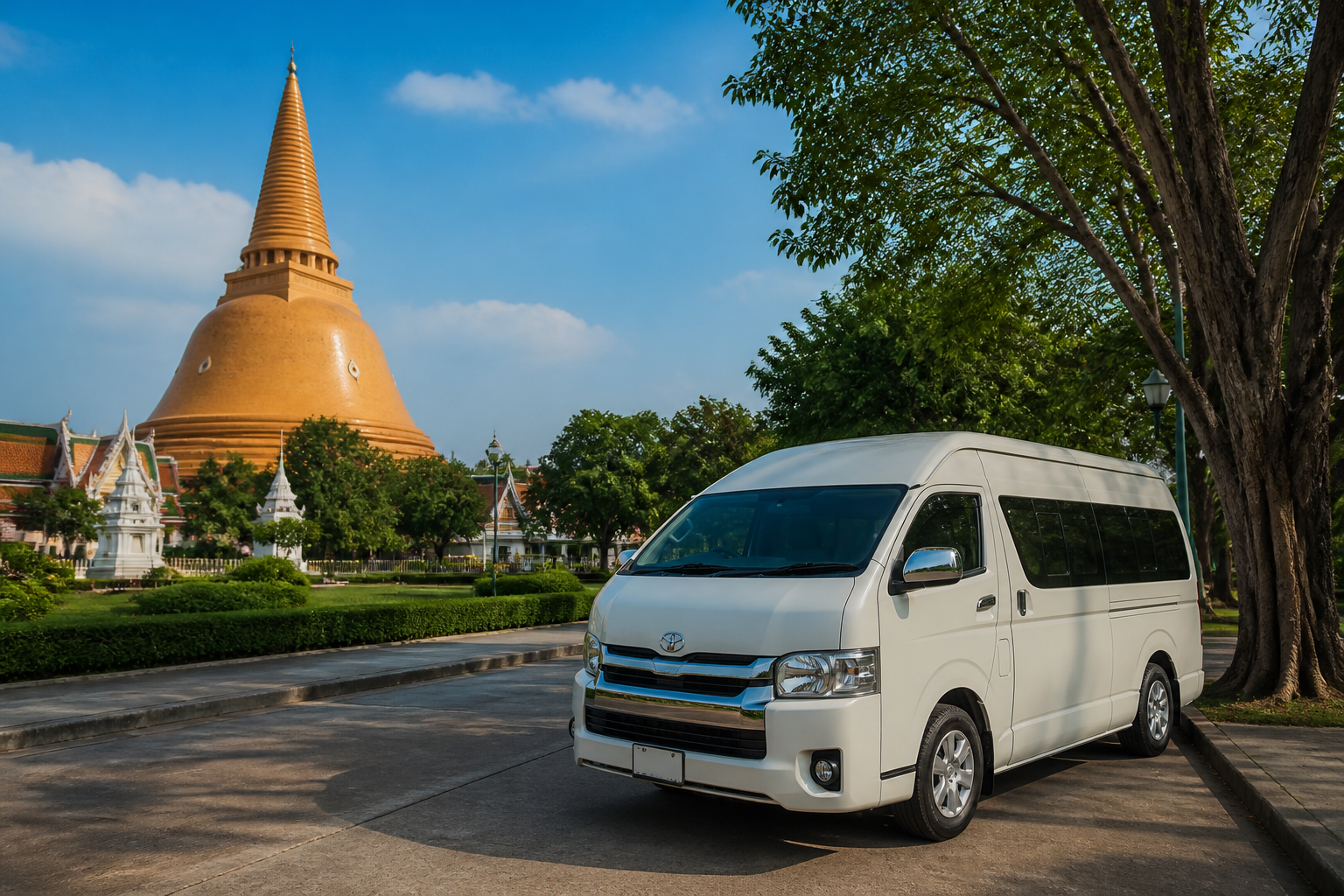 Nakhon Pathom cultural stop during a westbound private van route