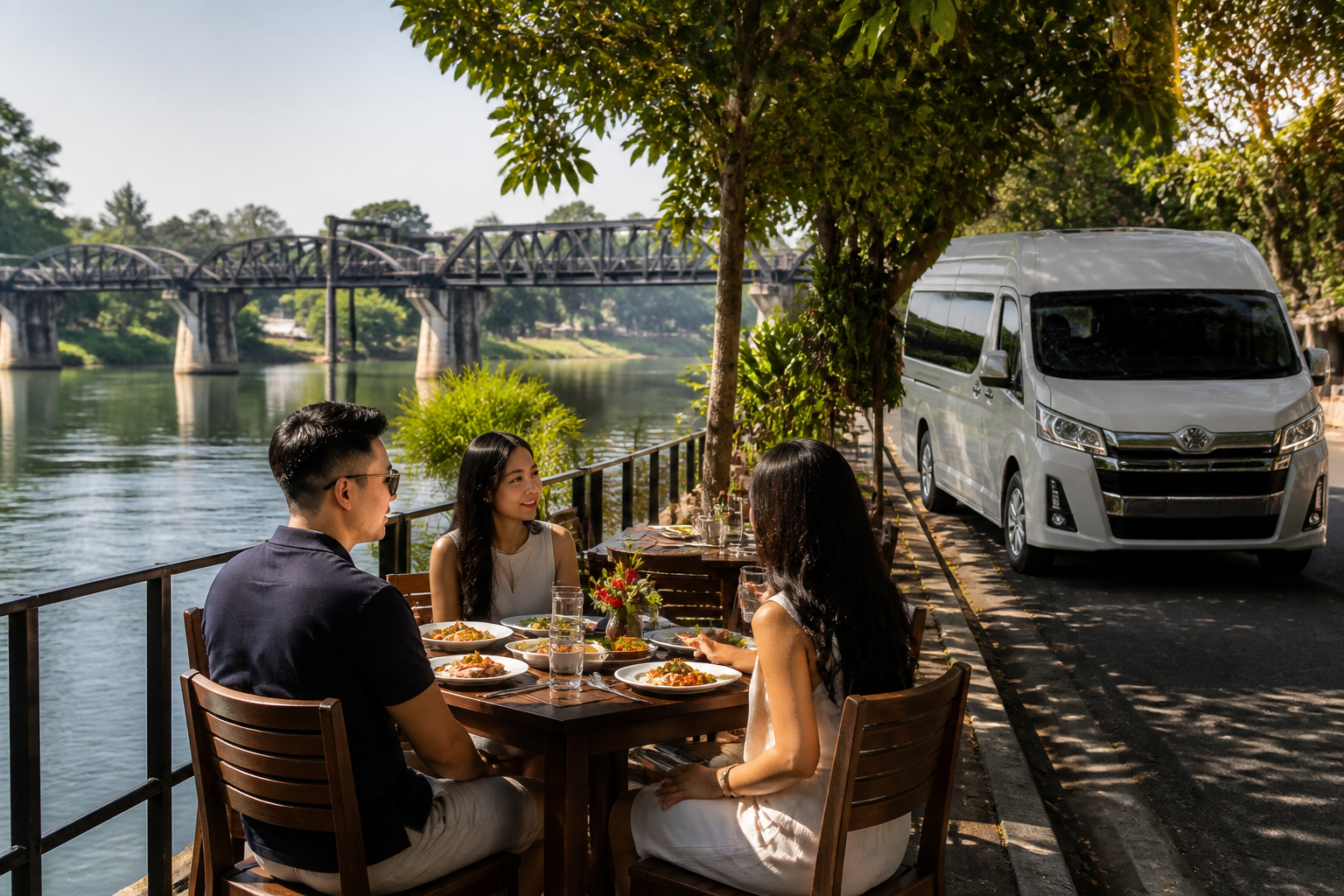 Riverside lunch pause in Kanchanaburi during a private van day