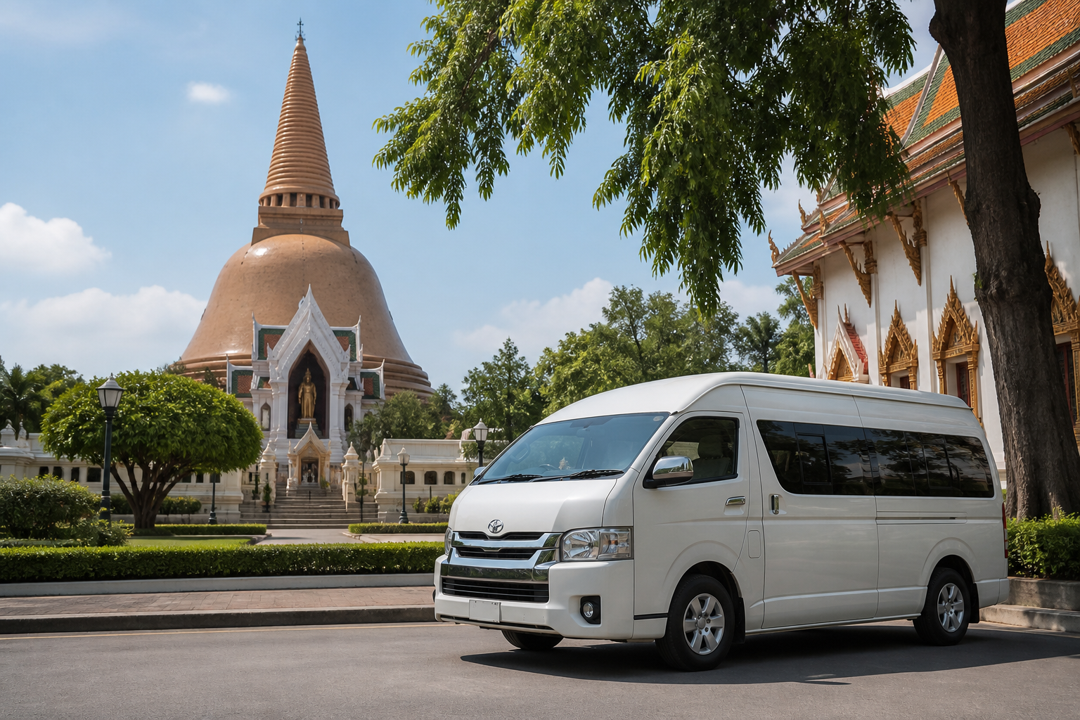 Nakhon Pathom cultural stop during a westbound private van route