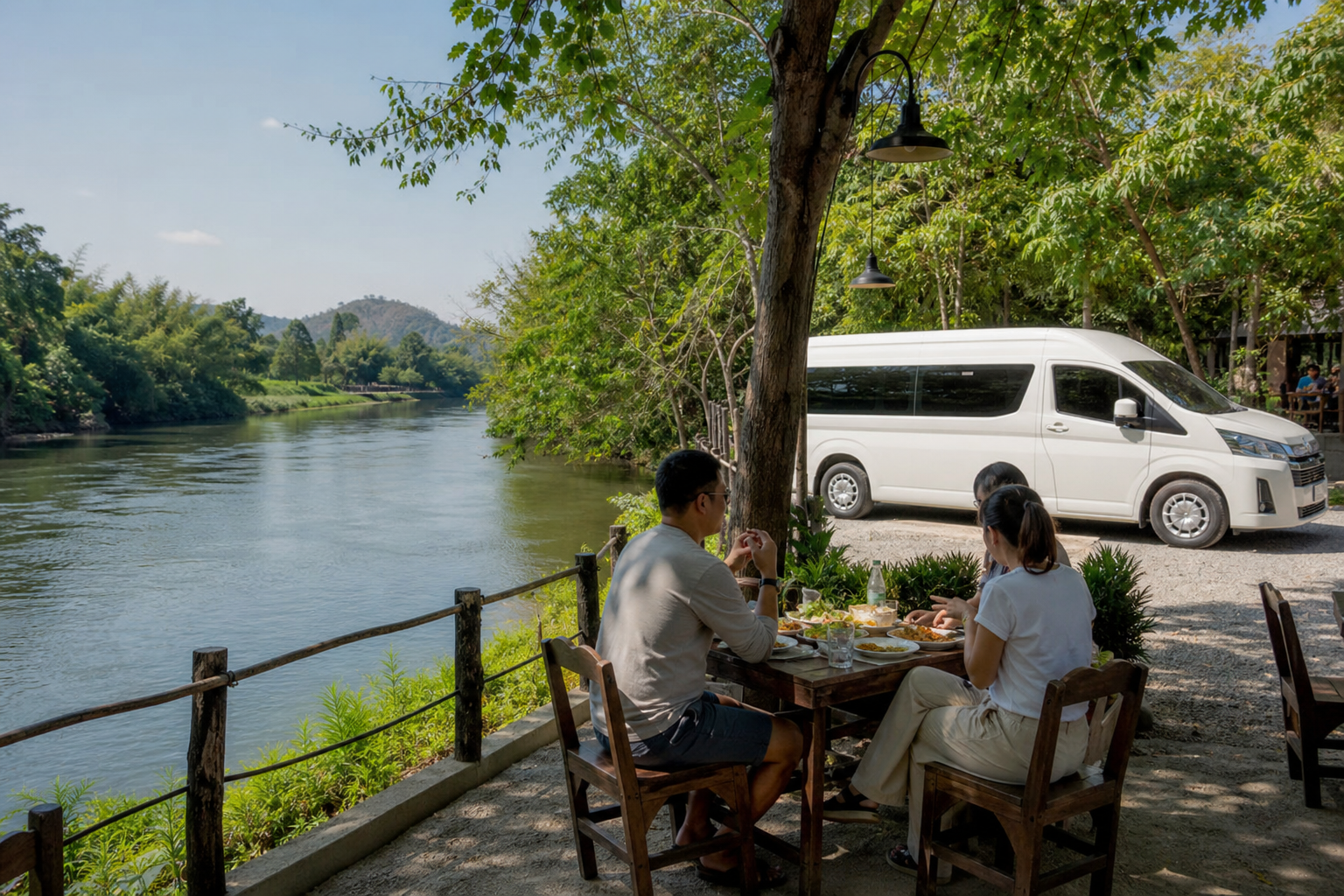 Riverside lunch pause in Kanchanaburi during a private van day