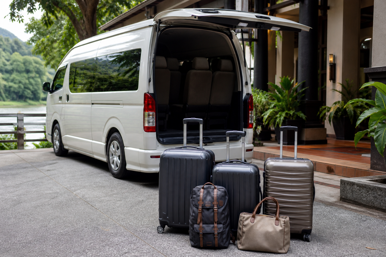 Kanchanaburi hotel arrival with luggage beside a private van