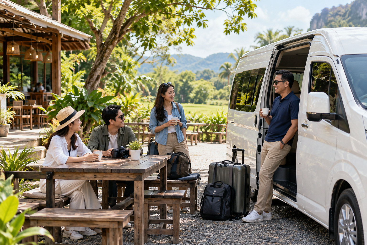 Travelers pausing beside a private van during a Korat road journey