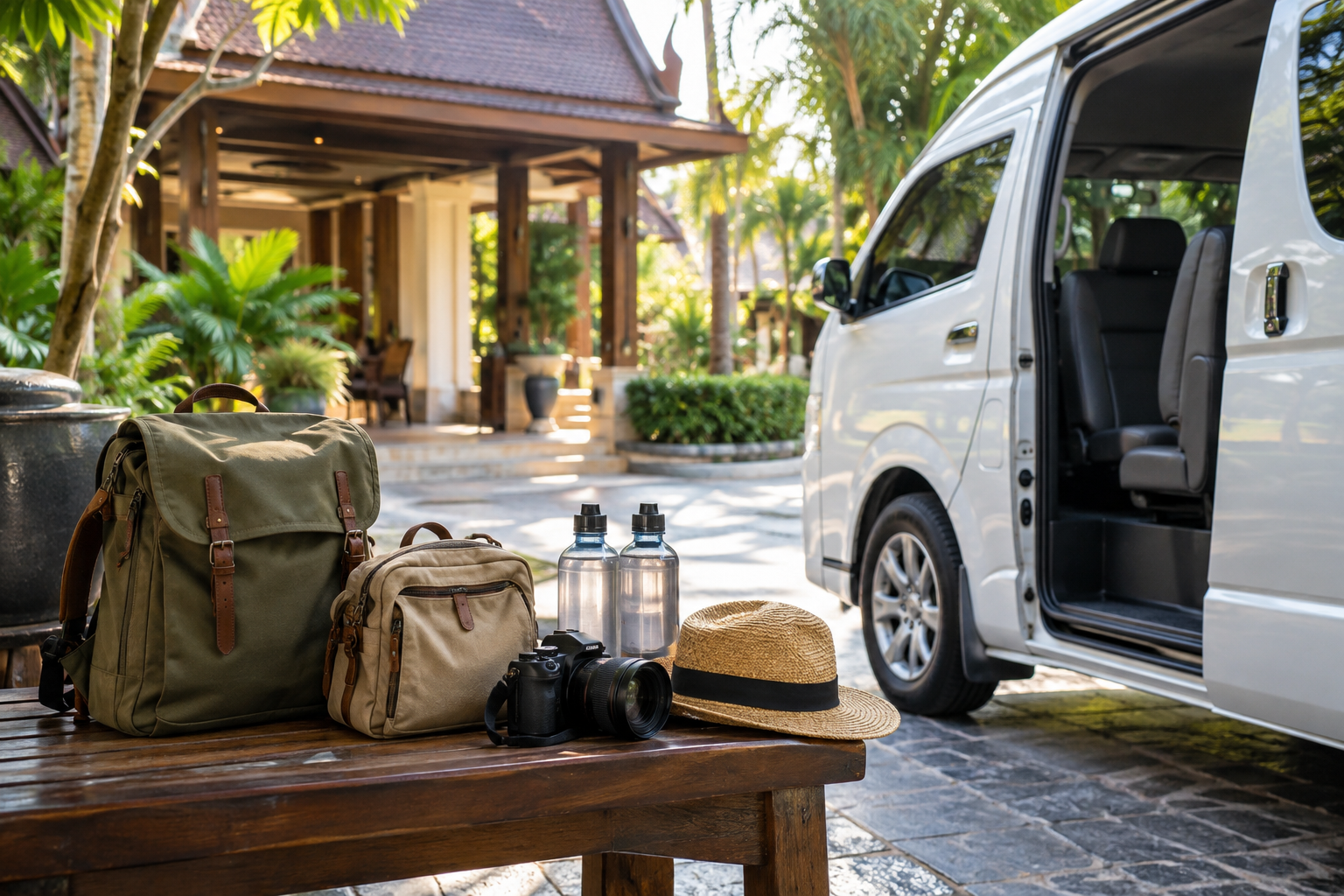 Travel gear arranged beside a private van before a Nakhon Ratchasima route
