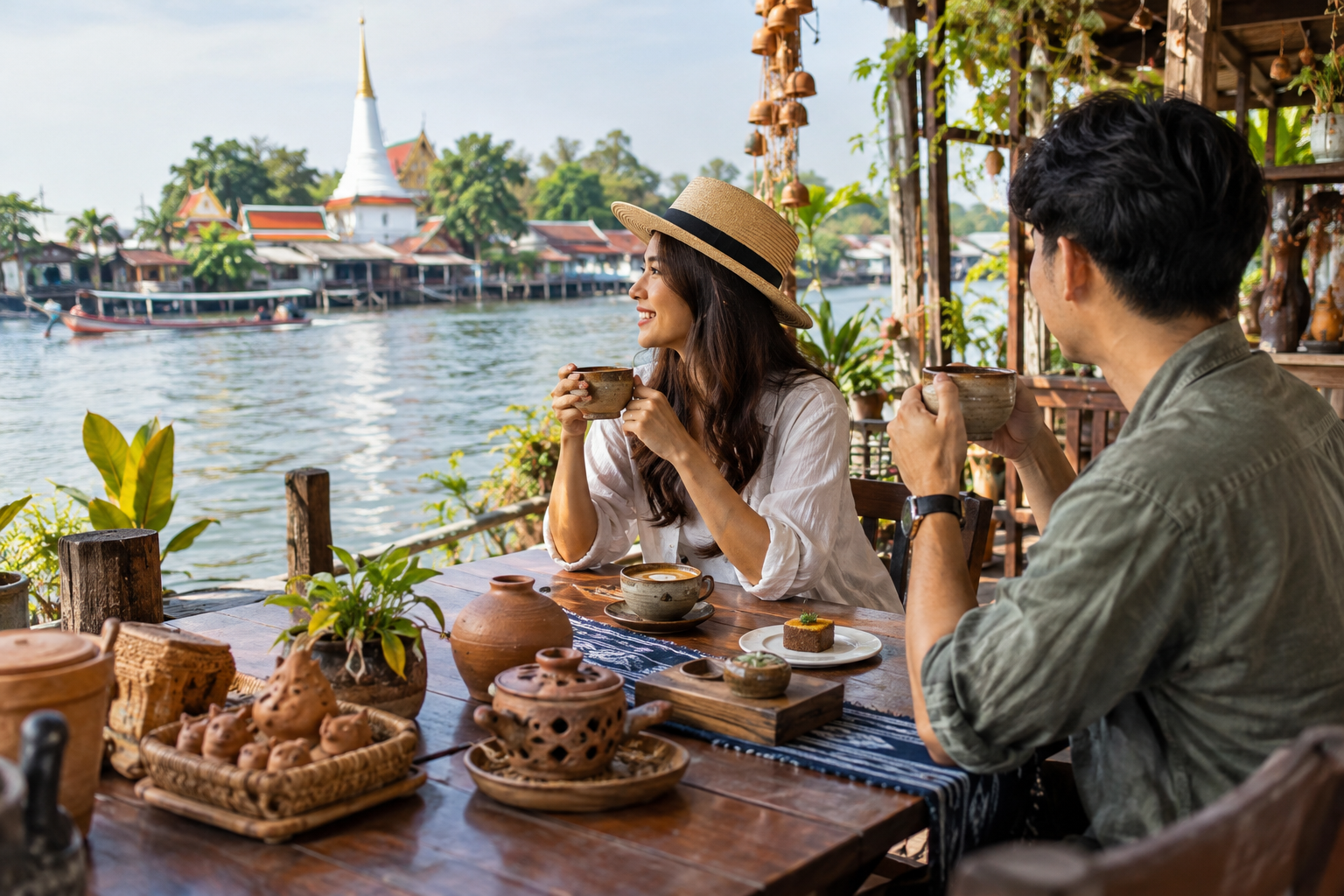 Riverside cafe pause after visiting Koh Kret from Bangkok