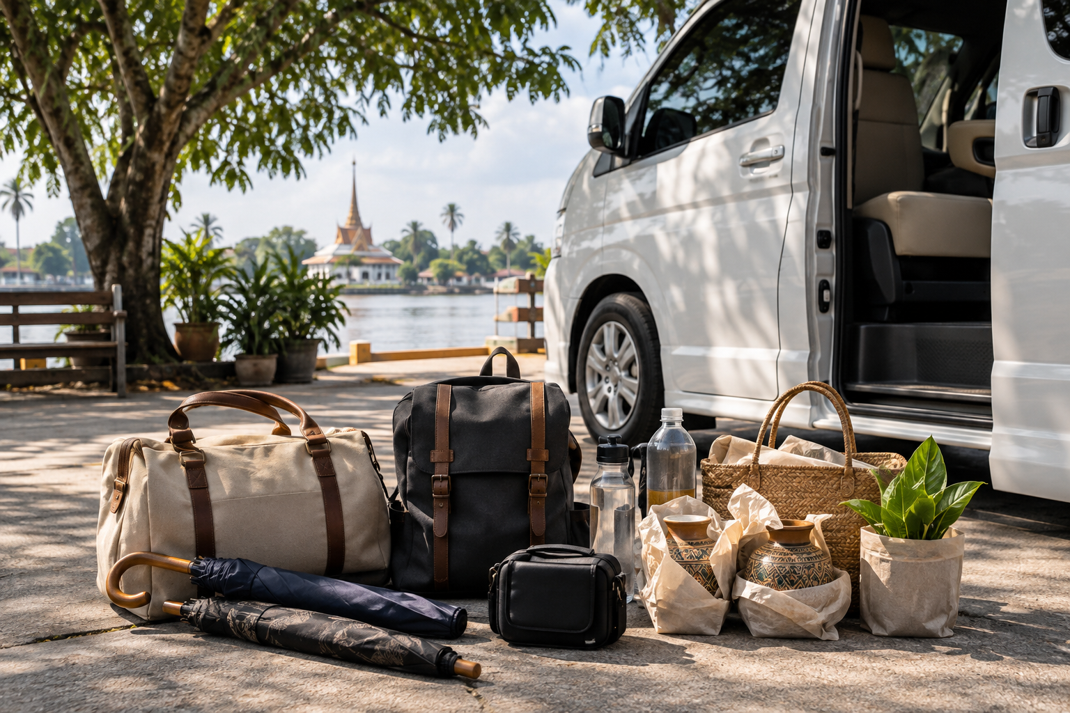 Day bags and craft purchases beside a private van after a Koh Kret route