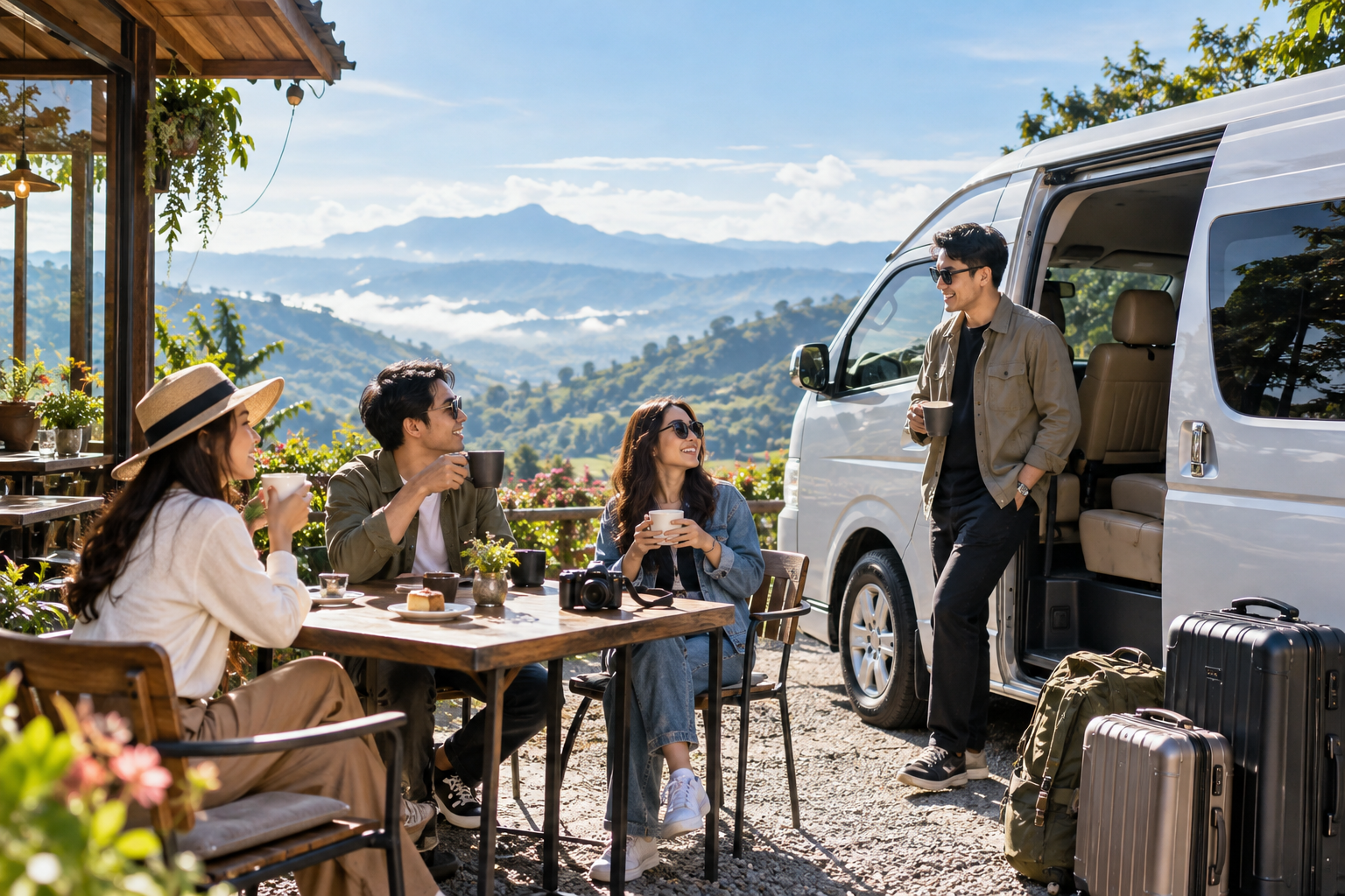 Travelers pausing at a mountain cafe beside a private van