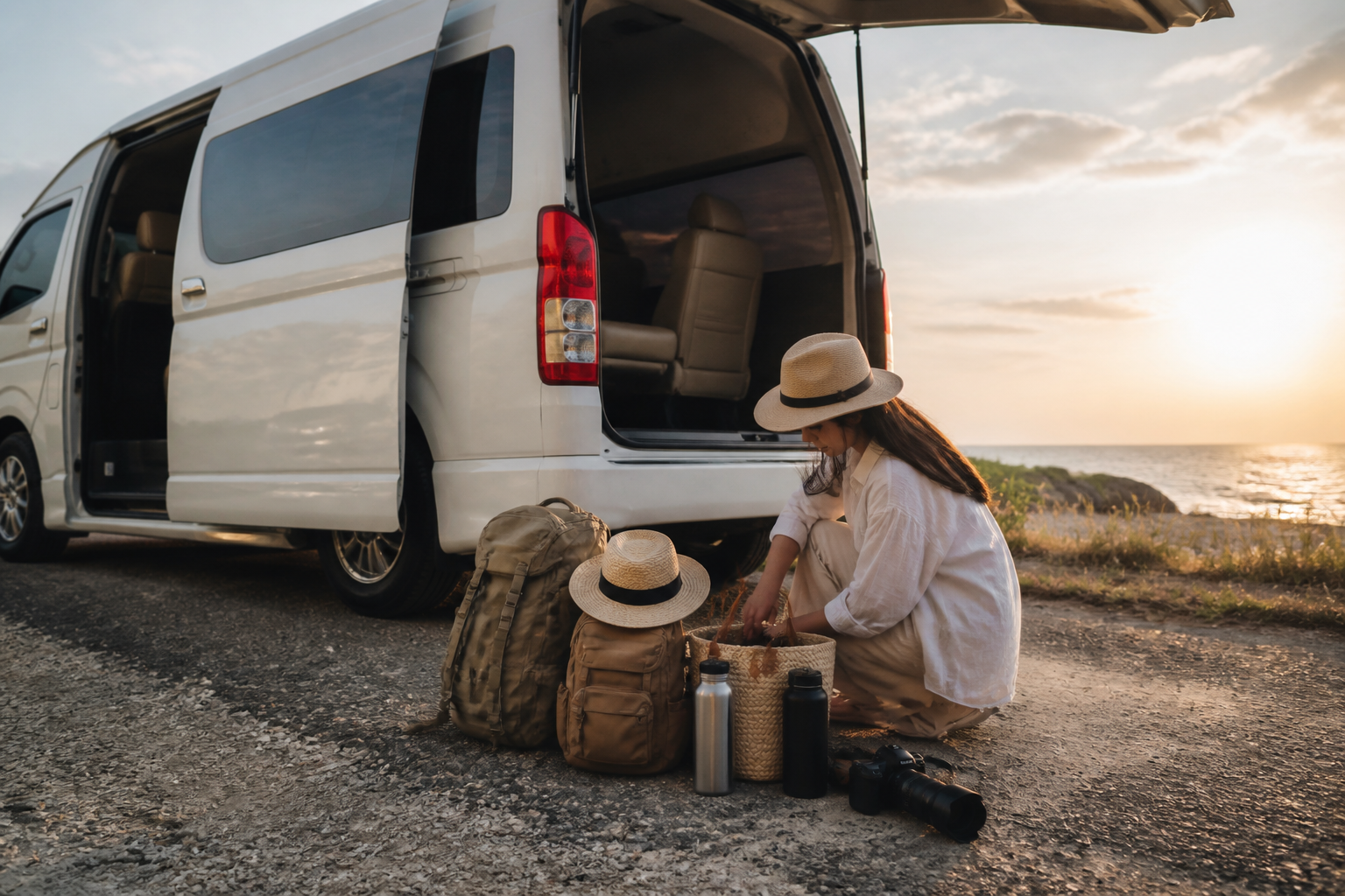 Day bags and camera gear beside a private van after a Phetchaburi route