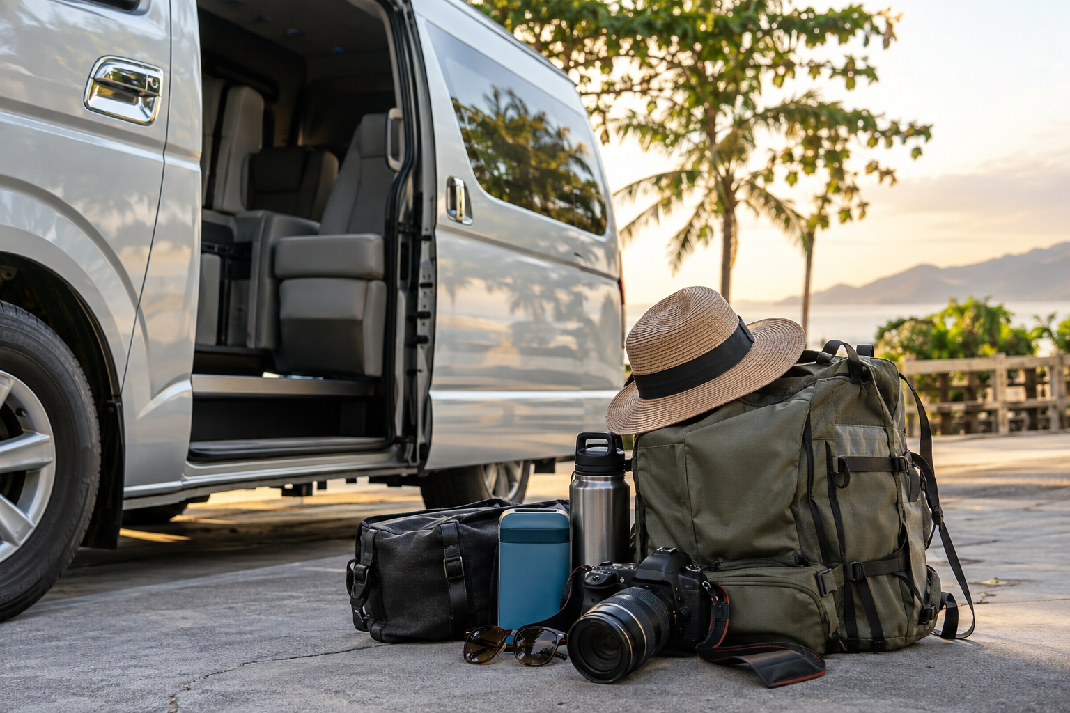 Day bags and camera gear beside a private van after a Phetchaburi route