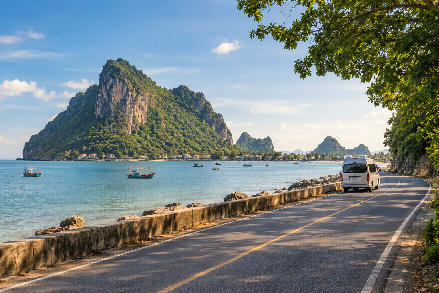 Quiet Prachuap Khiri Khan bay and limestone hill during a private van route