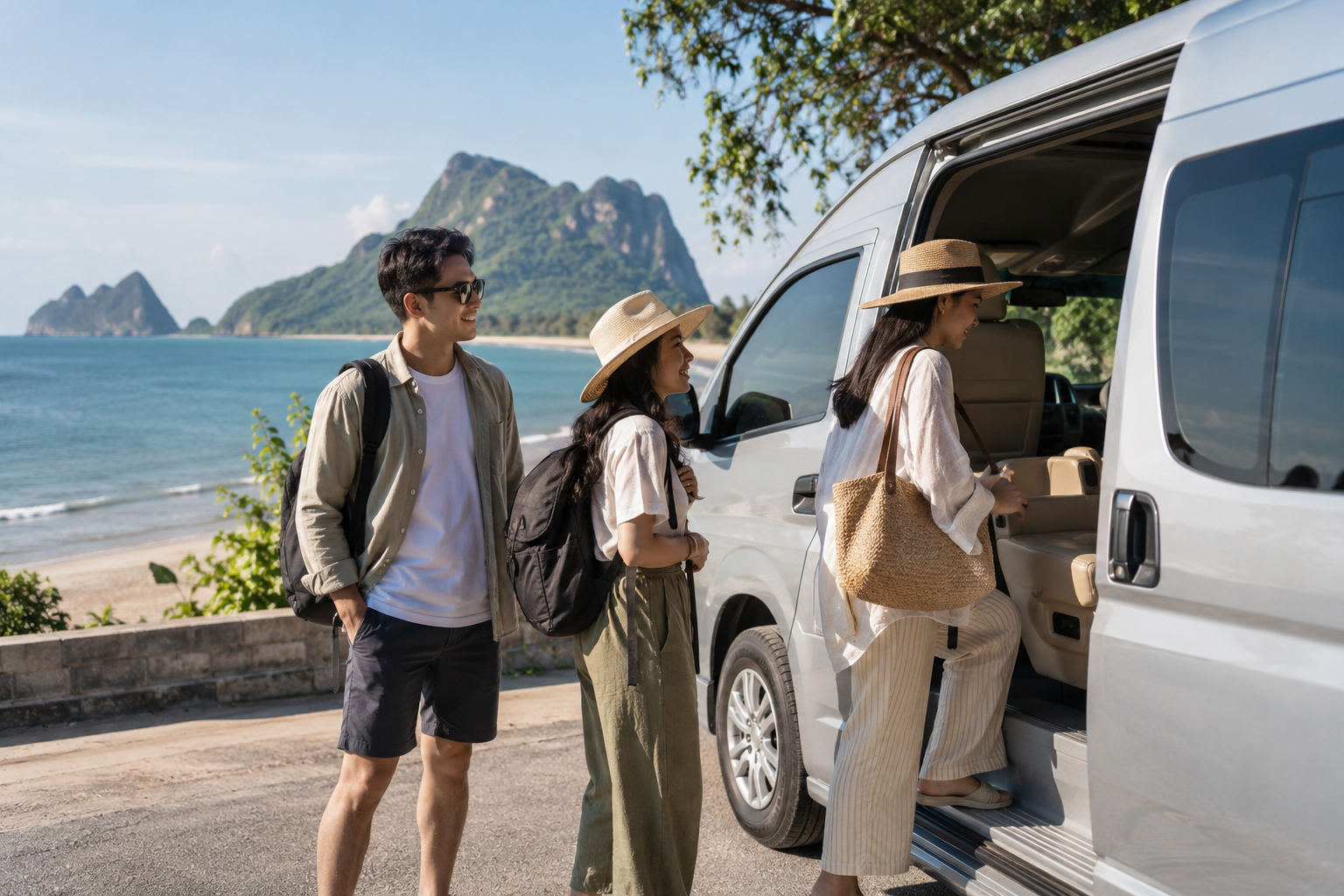 Travelers returning to a private van after a Prachuap seaside walk