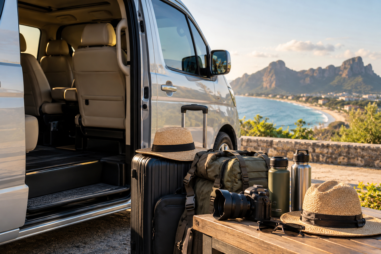 Luggage and travel gear beside a private van for a Gulf coast route