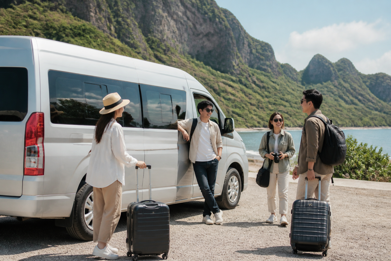 Travelers preparing for a Pranburi nature stop beside a private van