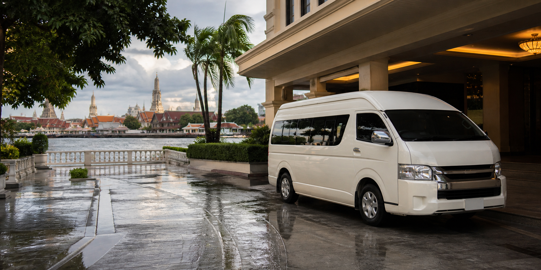 Bangkok rainy-season temple and riverside route by private van.