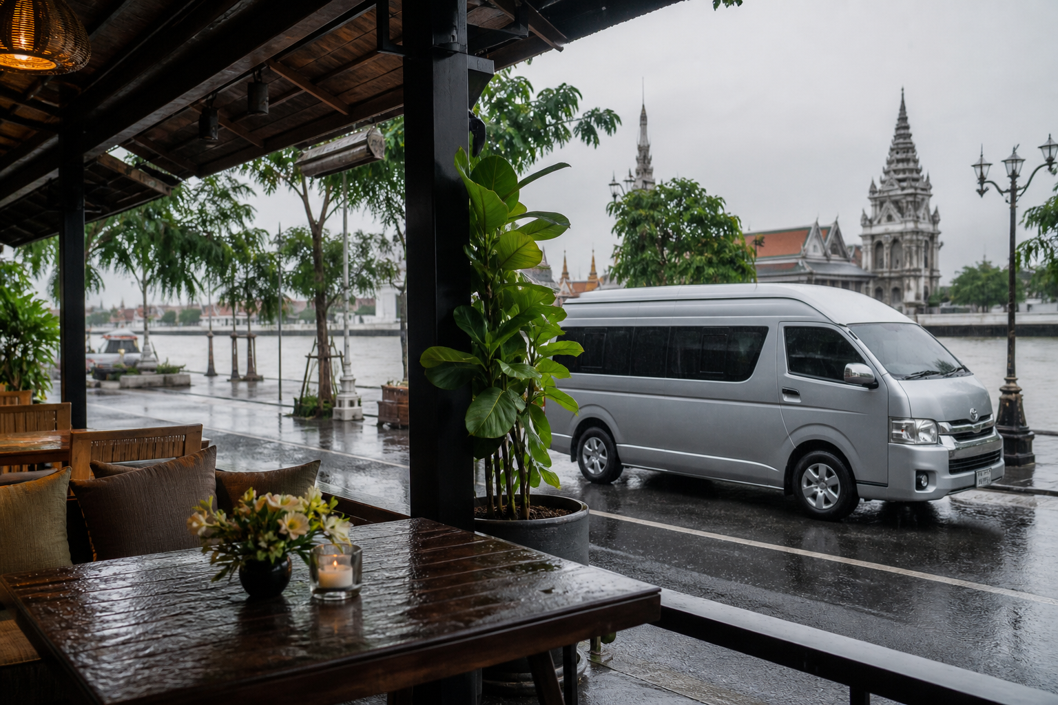 Covered Bangkok riverside rest stop during a rainy-season private van route