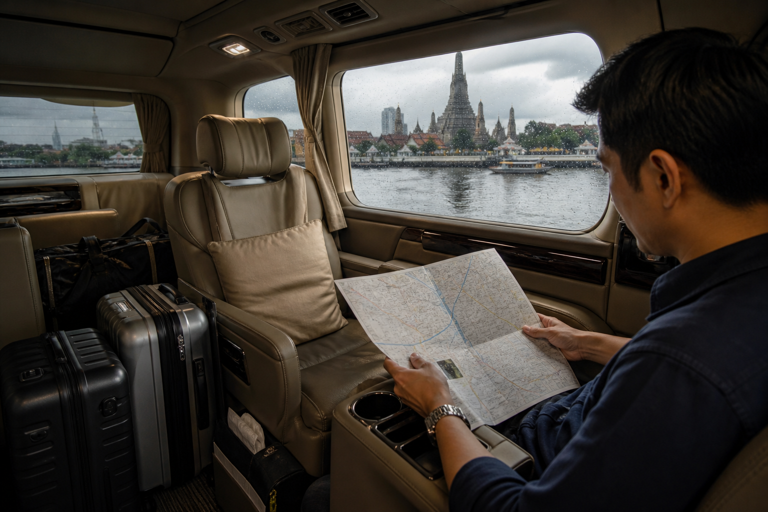 Comfortable private van interior prepared for a Bangkok temple and river route