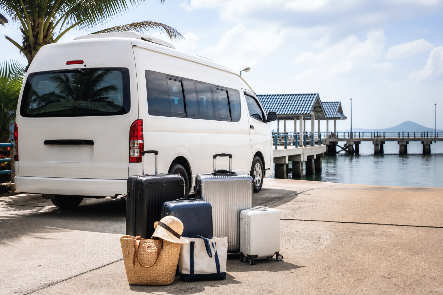 Luggage and beach bags beside a private van near a Rayong pier area